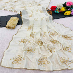 Glamorous Off White Sequin Embellished Saree in Premium Vichitra Silk