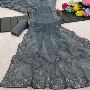 Grey Premium Vichitra Silk Saree Adorned with Shimmering Sequins Work
