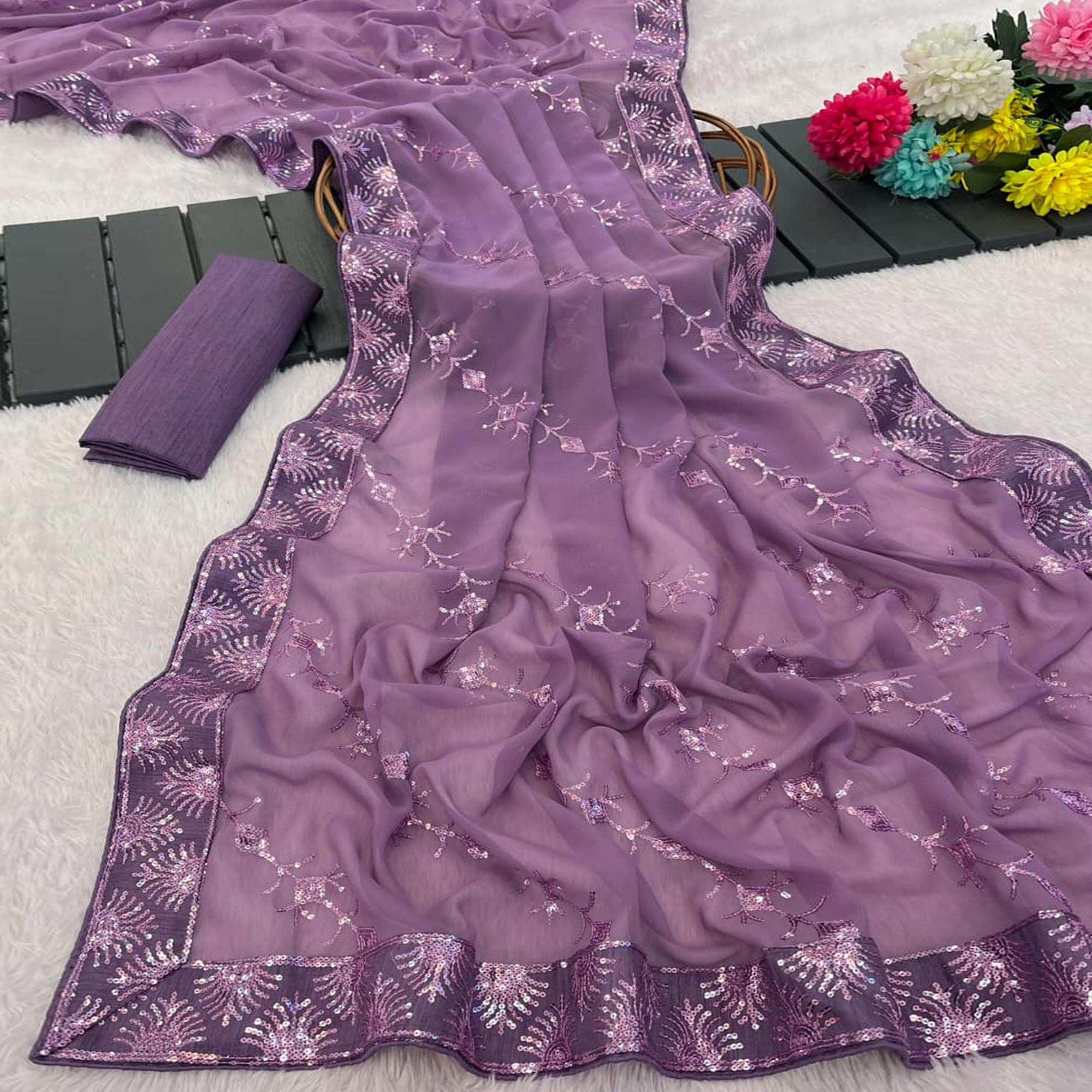Purple Premium Vichitra Silk Saree Adorned with Shimmering Sequins Work
