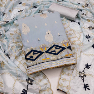 Grey Floral Woven Banarasi Silk Dress Material