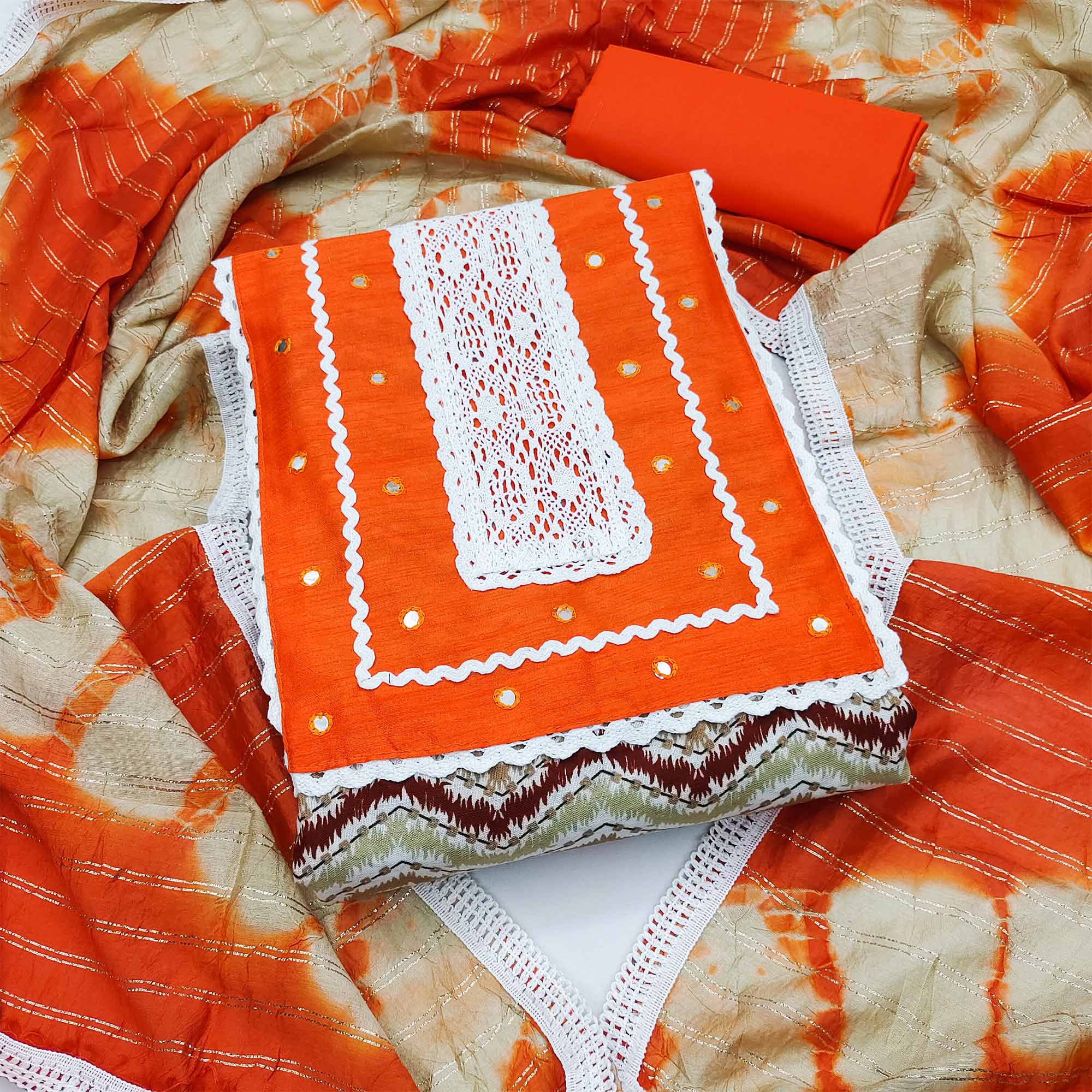 Orange Printed With Embroidered Pure Cotton Dress Material