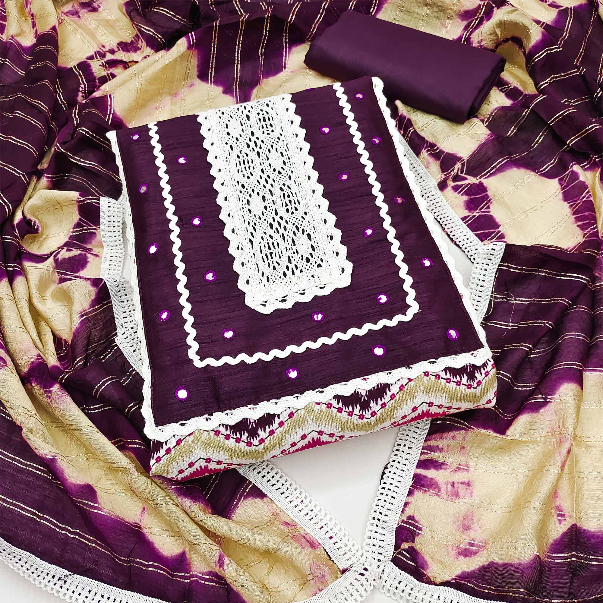 Purple Printed With Embroidered Pure Cotton Dress Material