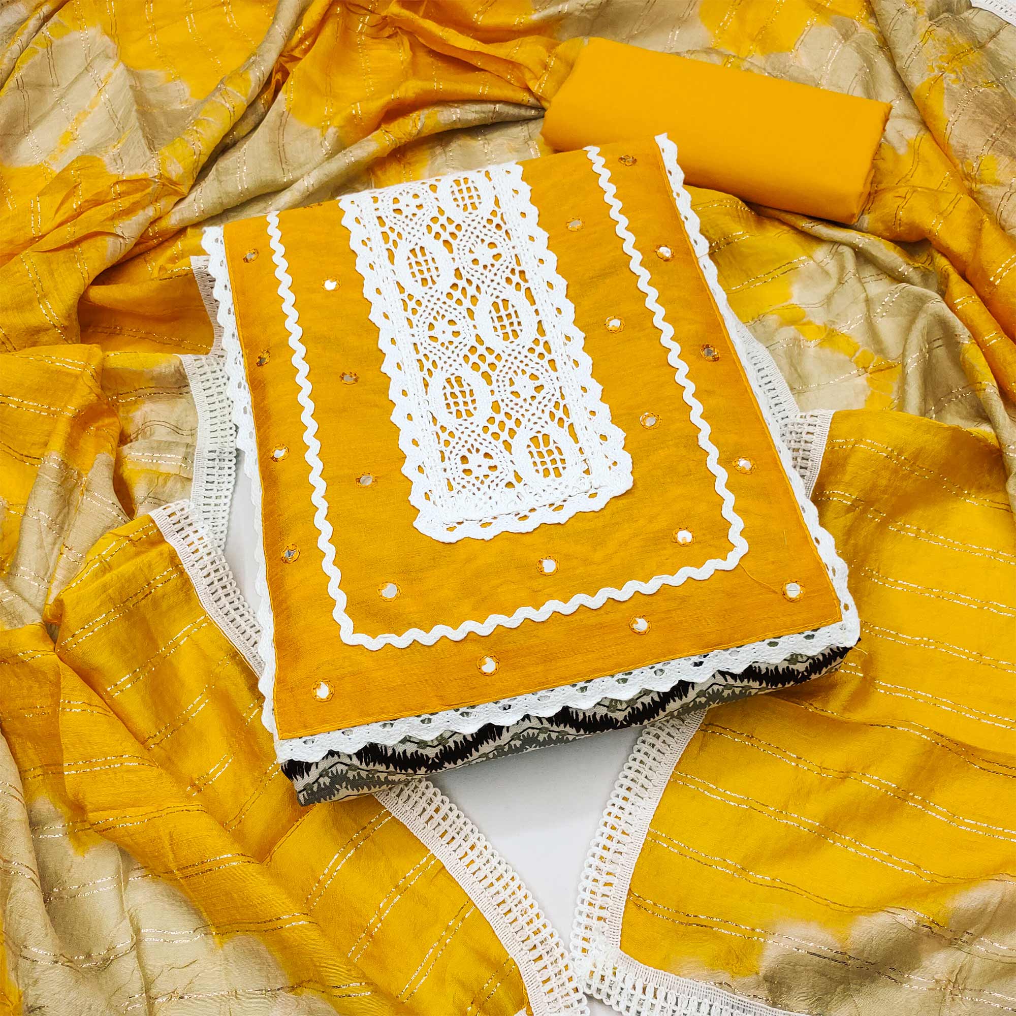 Yellow Printed With Embroidered Pure Cotton Dress Material