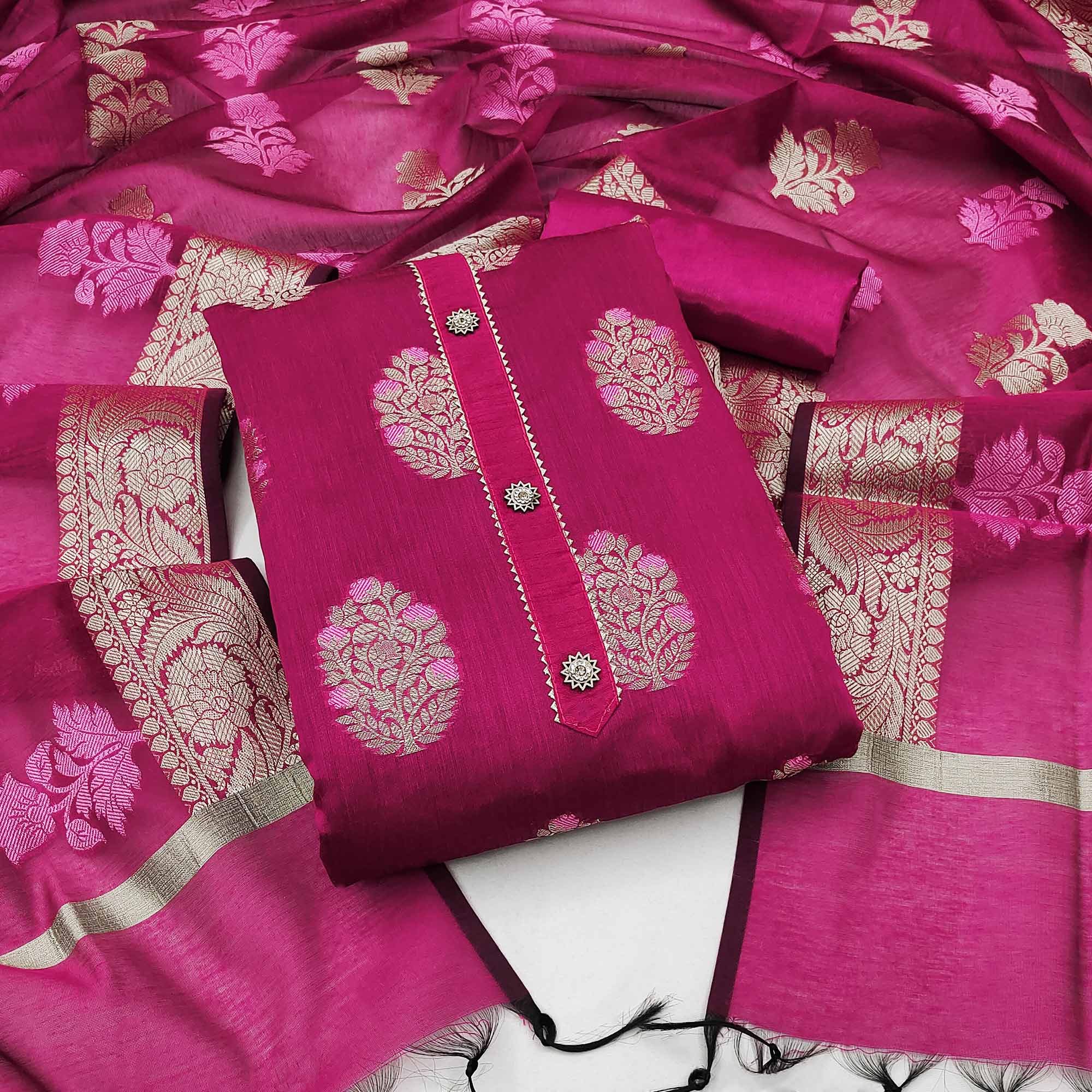 Magenta Pink Floral Woven Banarasi Silk Dress Material