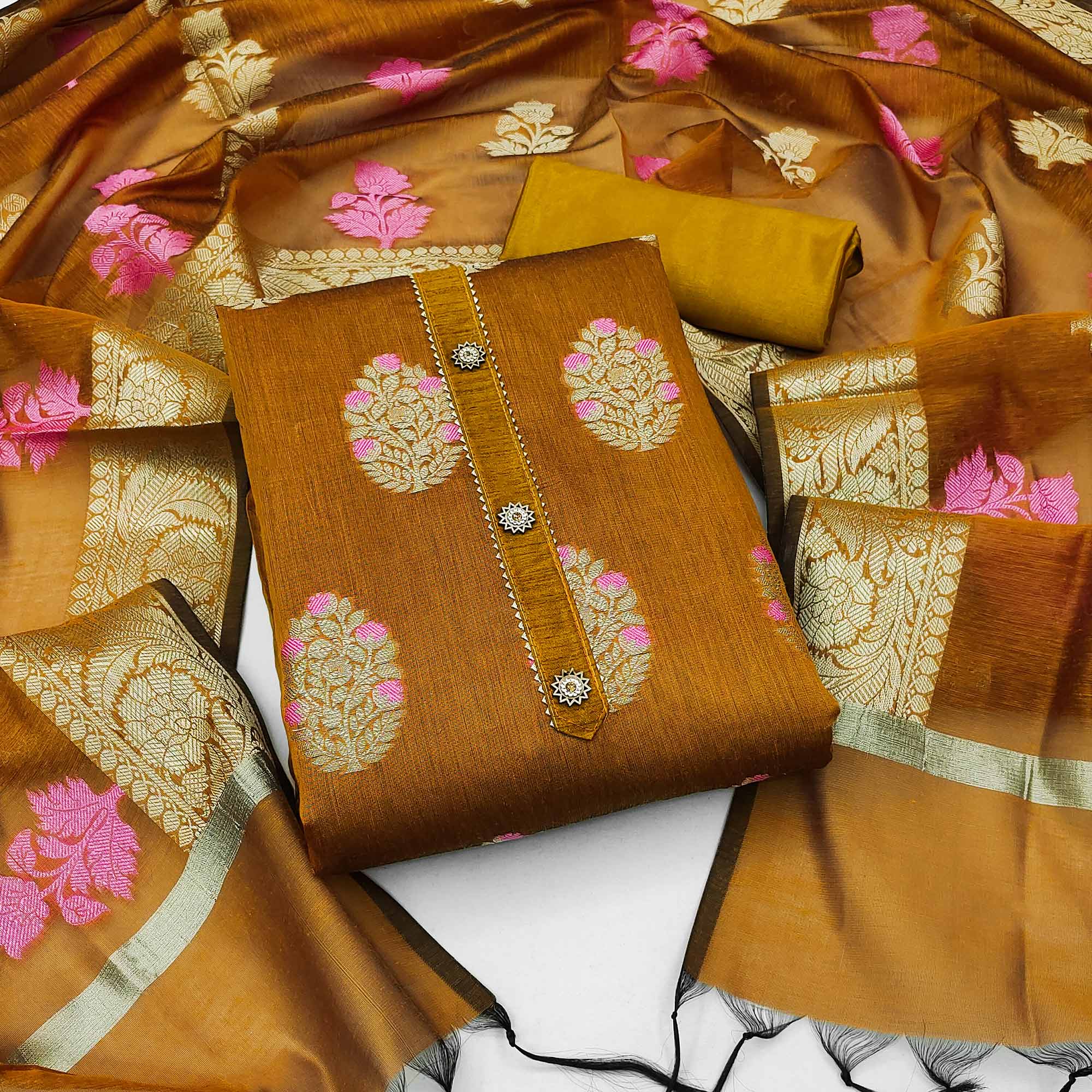 Mustard Floral Woven Banarasi Silk Dress Material