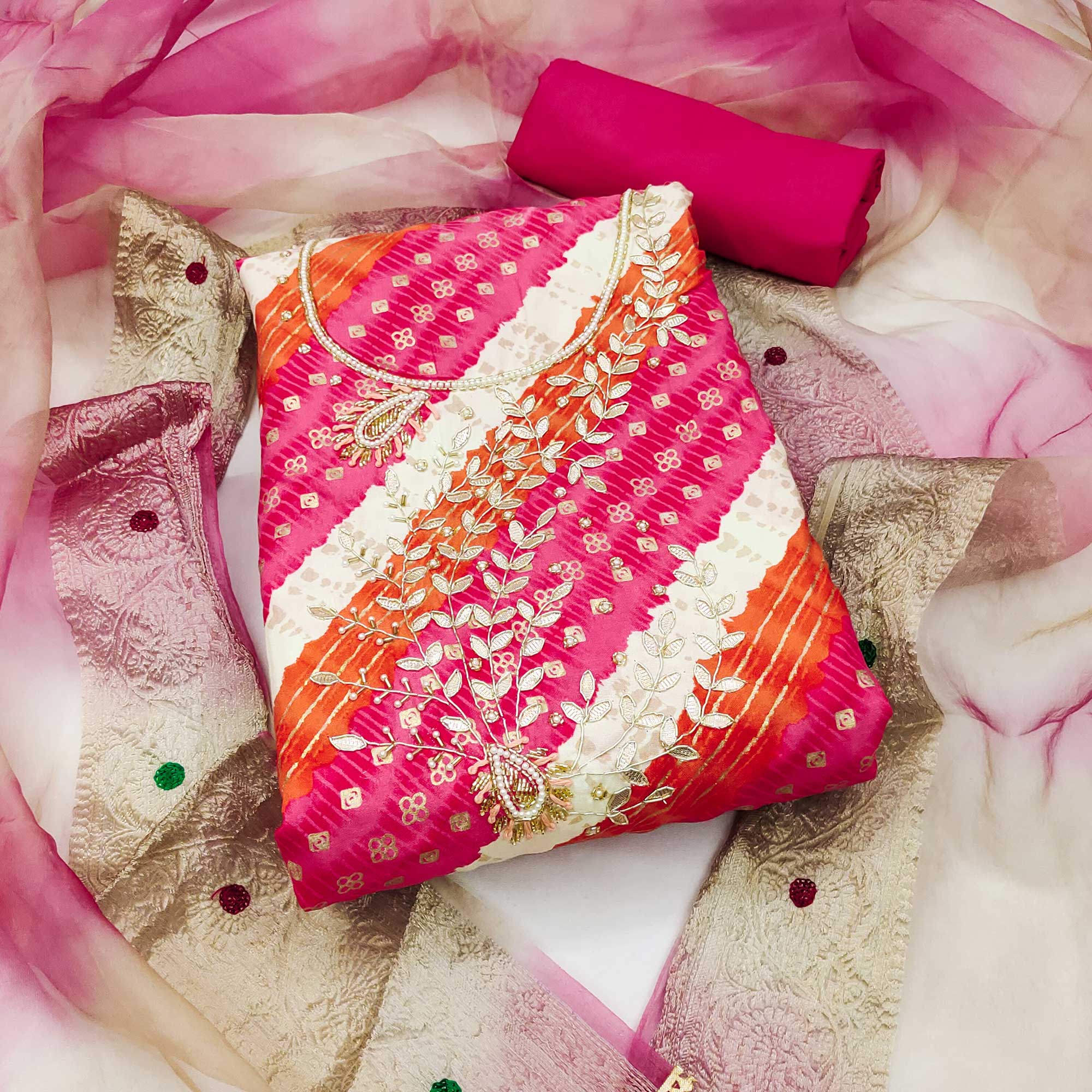 Pink Printed With Handwork Pure Cotton Dress Material