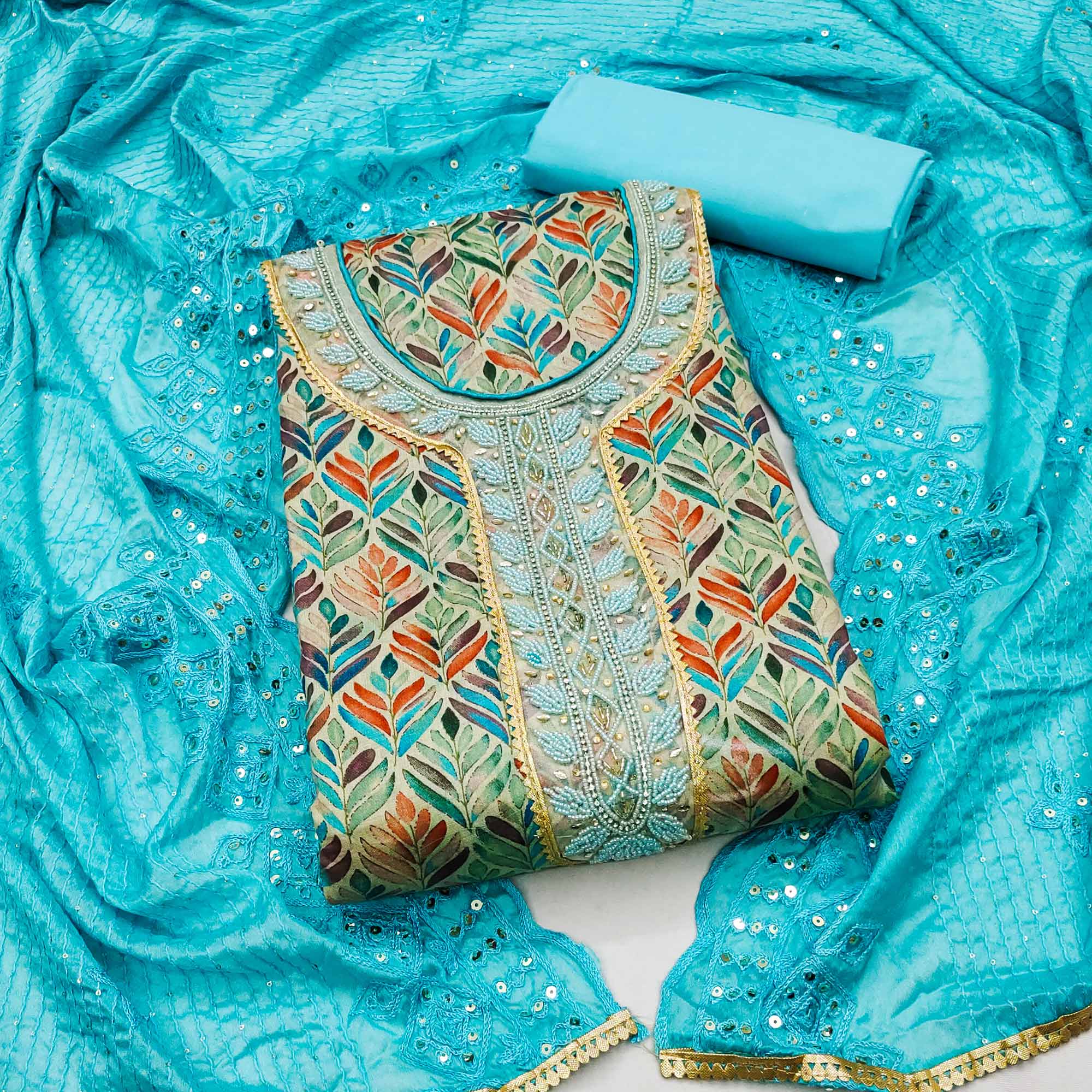 Chikoo & Blue Printed With Handwork Pure Cotton Dress Material