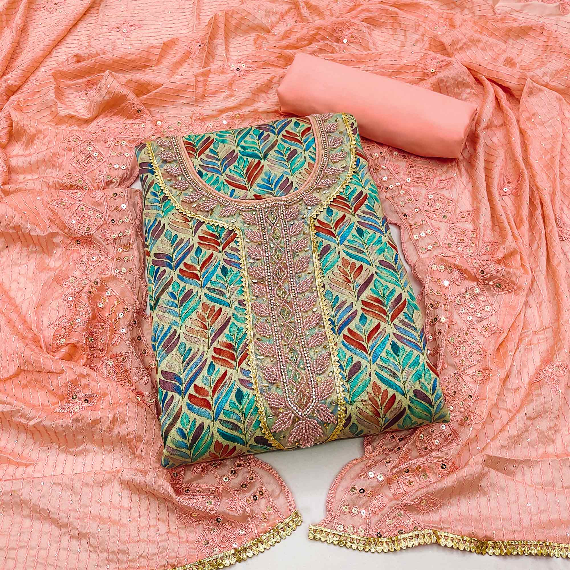 Chikoo & Peach Printed With Handwork Pure Cotton Dress Material