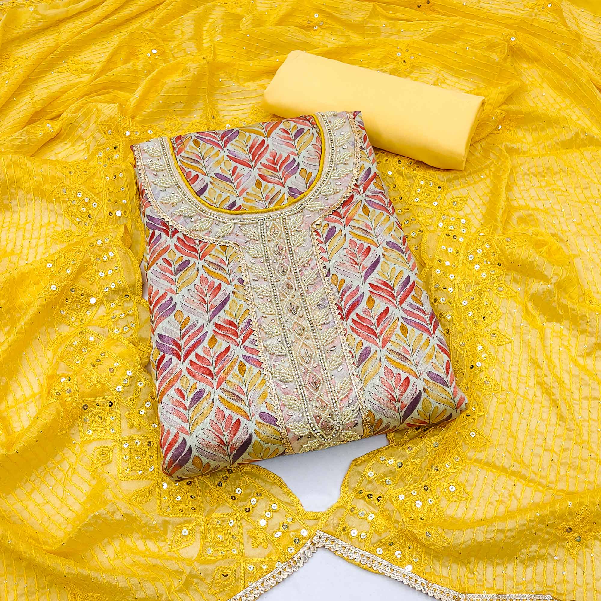 Chikoo & Yellow Printed With Handwork Pure Cotton Dress Material