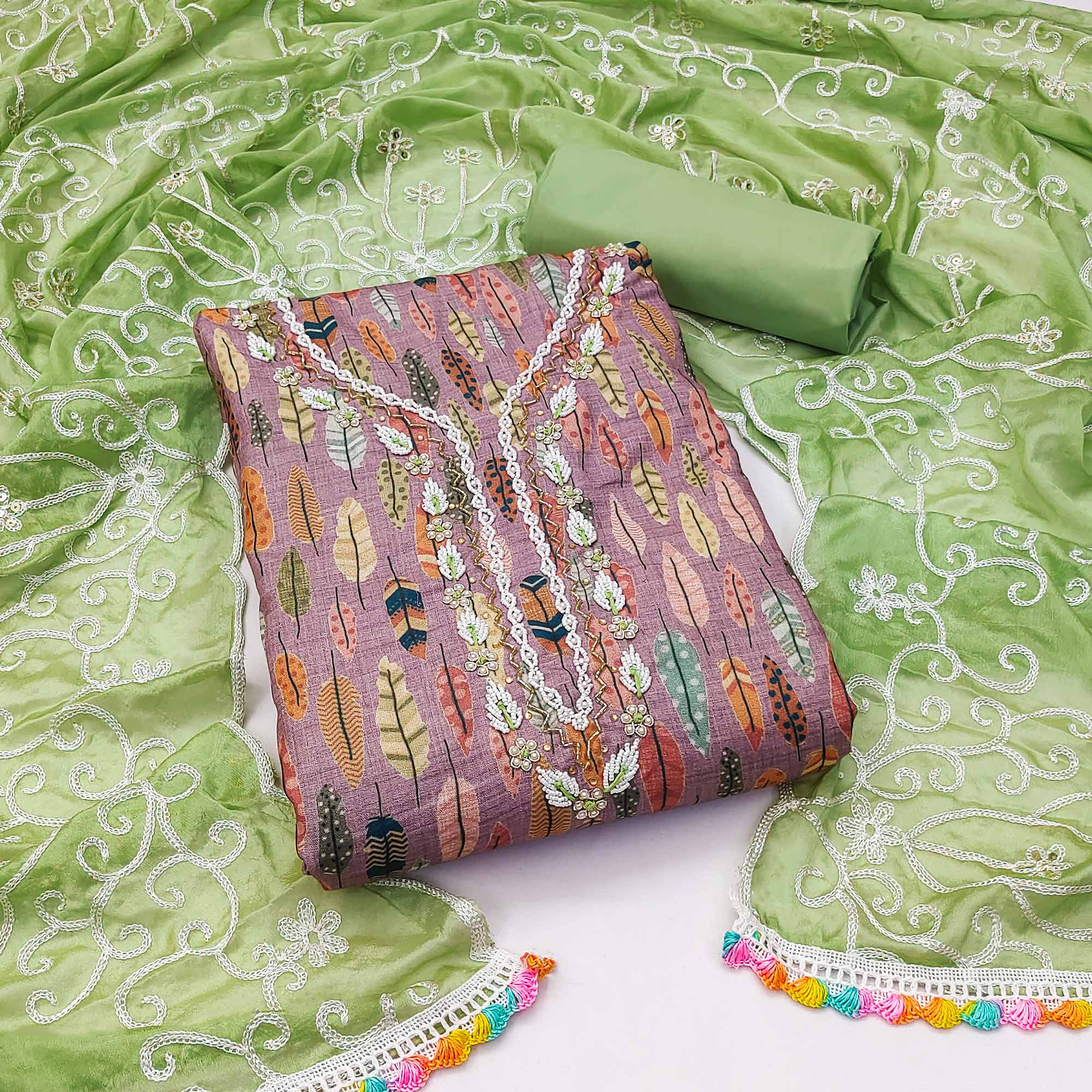 Purple Printed With Handwork Pure Cotton Dress Material