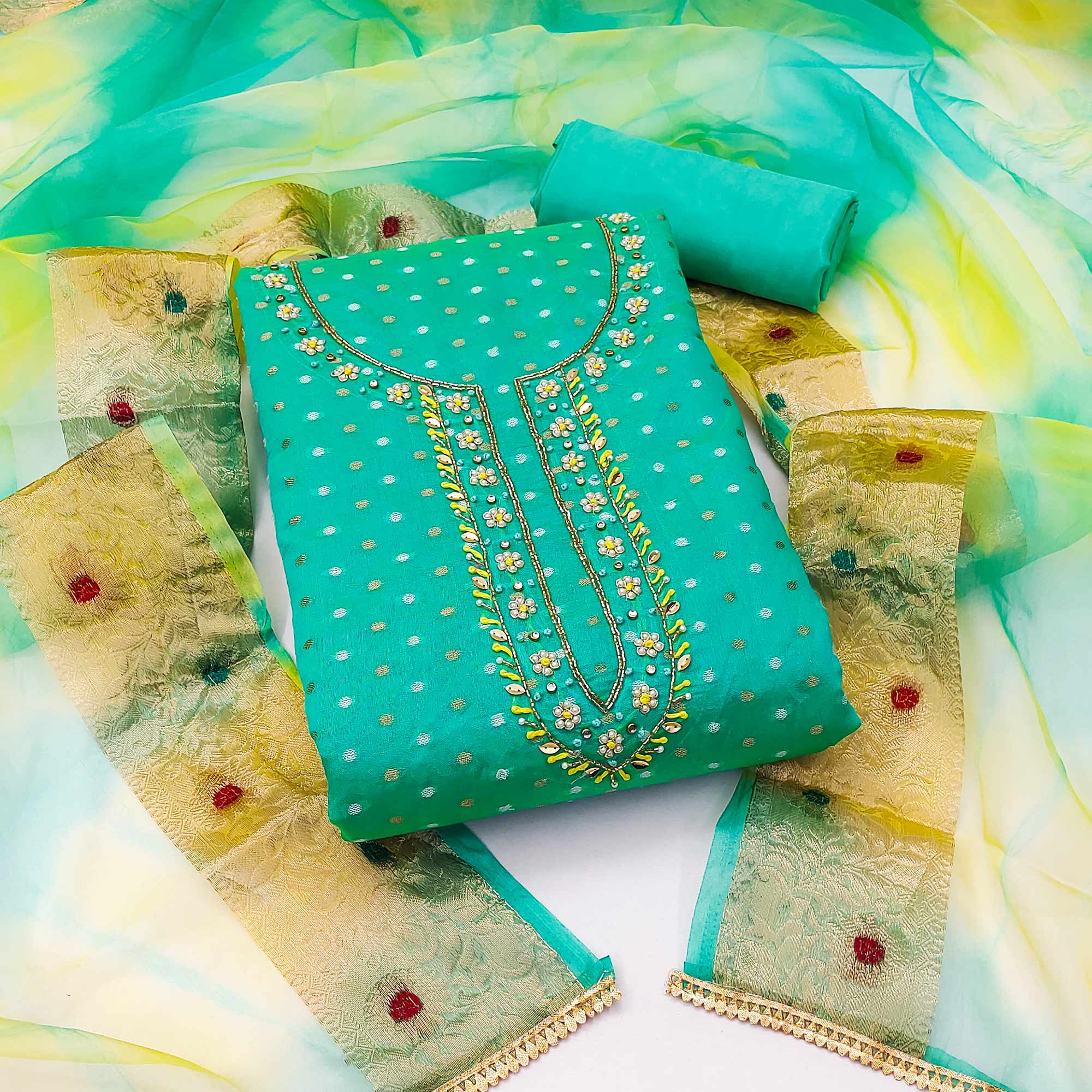 Rama Green Woven With Handwork Modal Dress Material