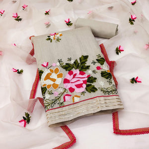 Light Grey Floral Embroidered Modal Dress Material