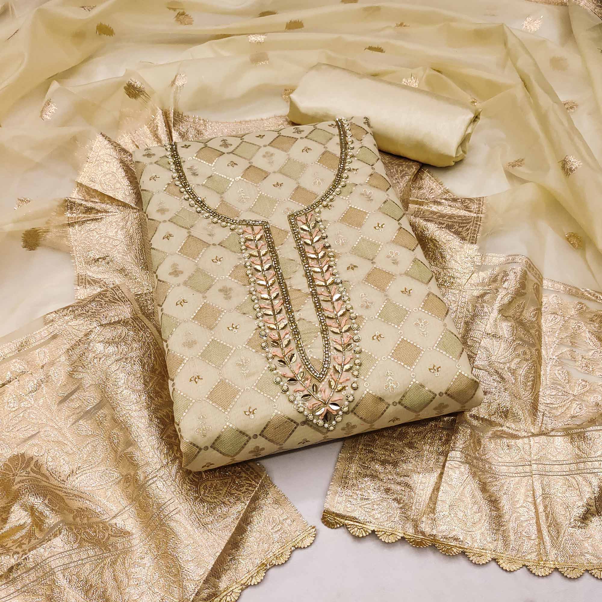 Beige Printed With Handwork Modal Dress Material