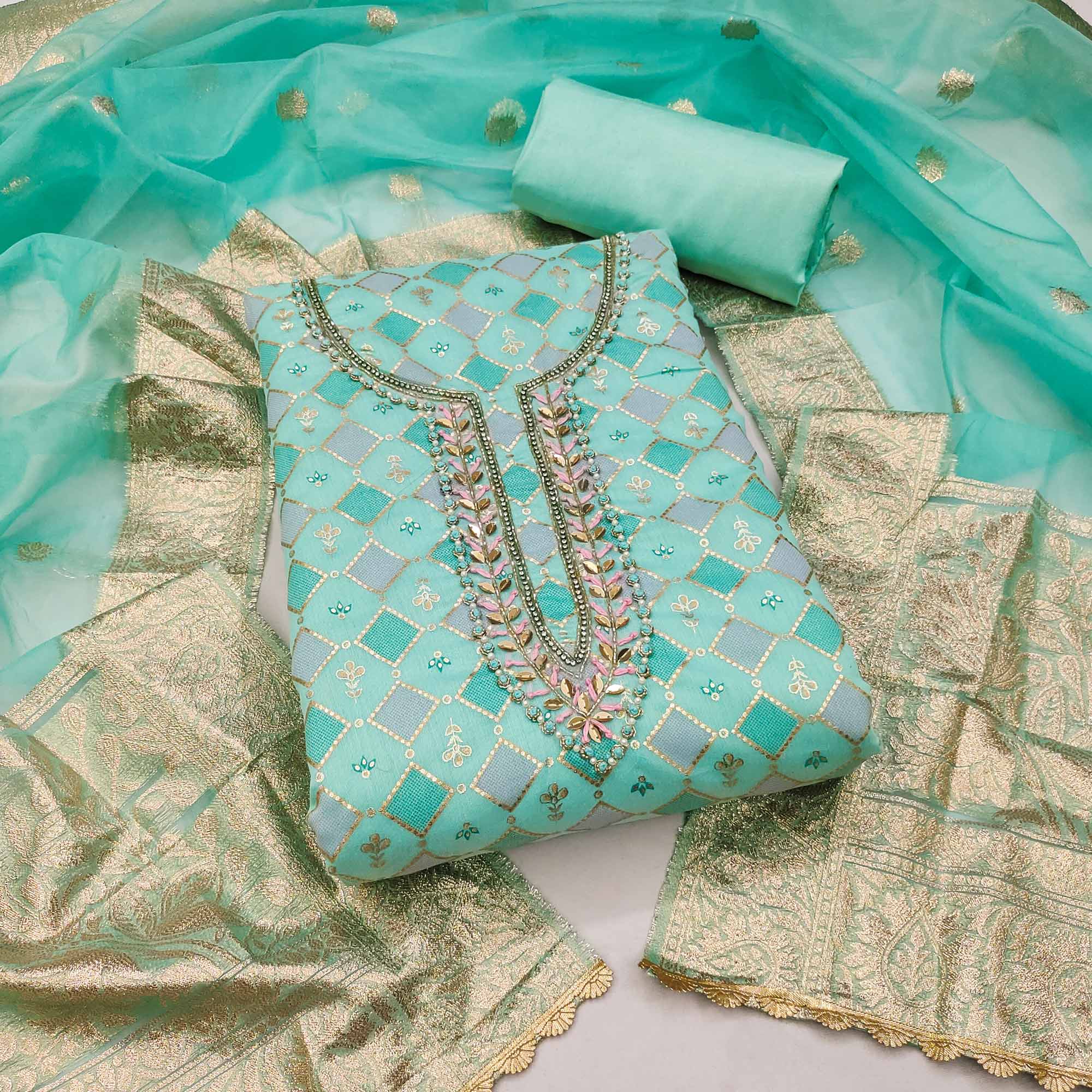 Turquoise Printed With Handwork Modal Dress Material