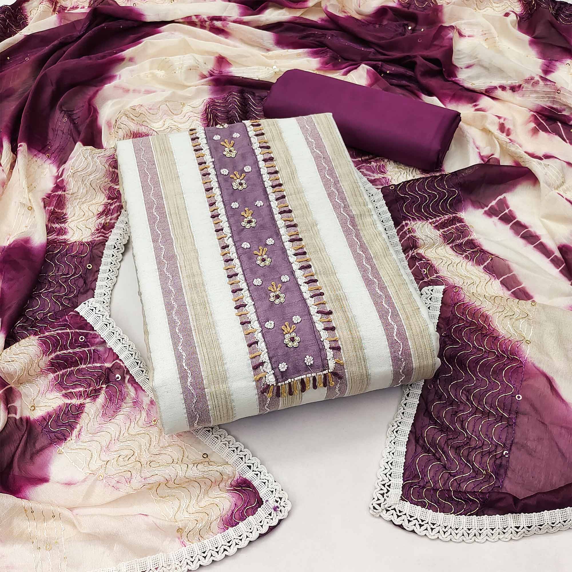 Cream & Wine Embroidered With Handwork Pure Cotton Dress Material