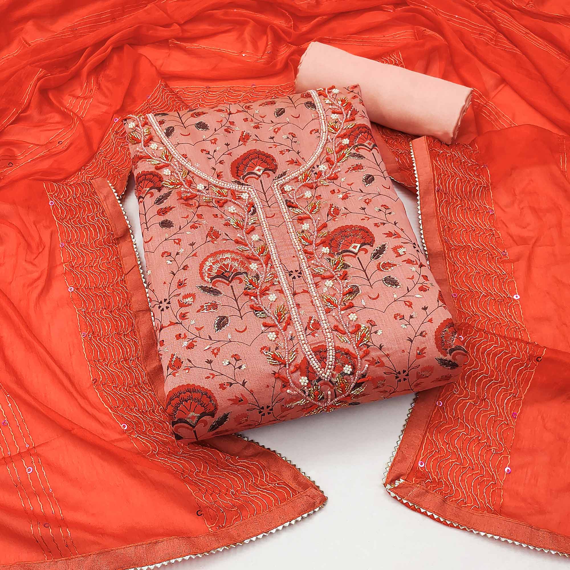Peach Printed With Handwork Modal Dress Material