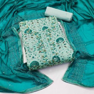 Turquoise Printed With Handwork Modal Dress Material