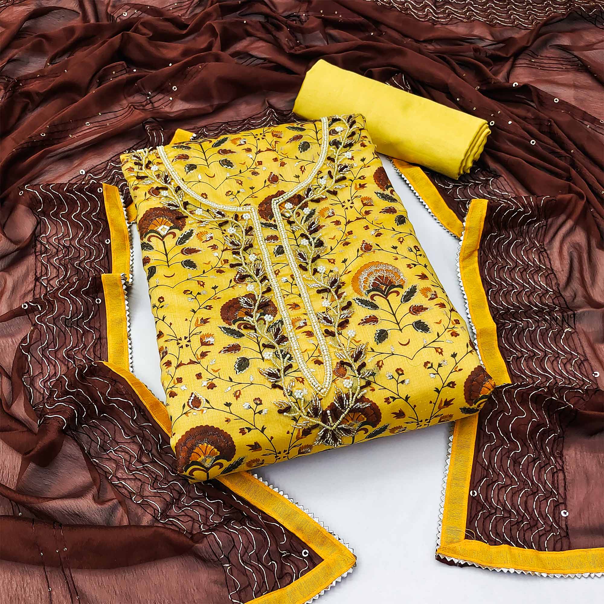Yellow Printed With Handwork Modal Dress Material