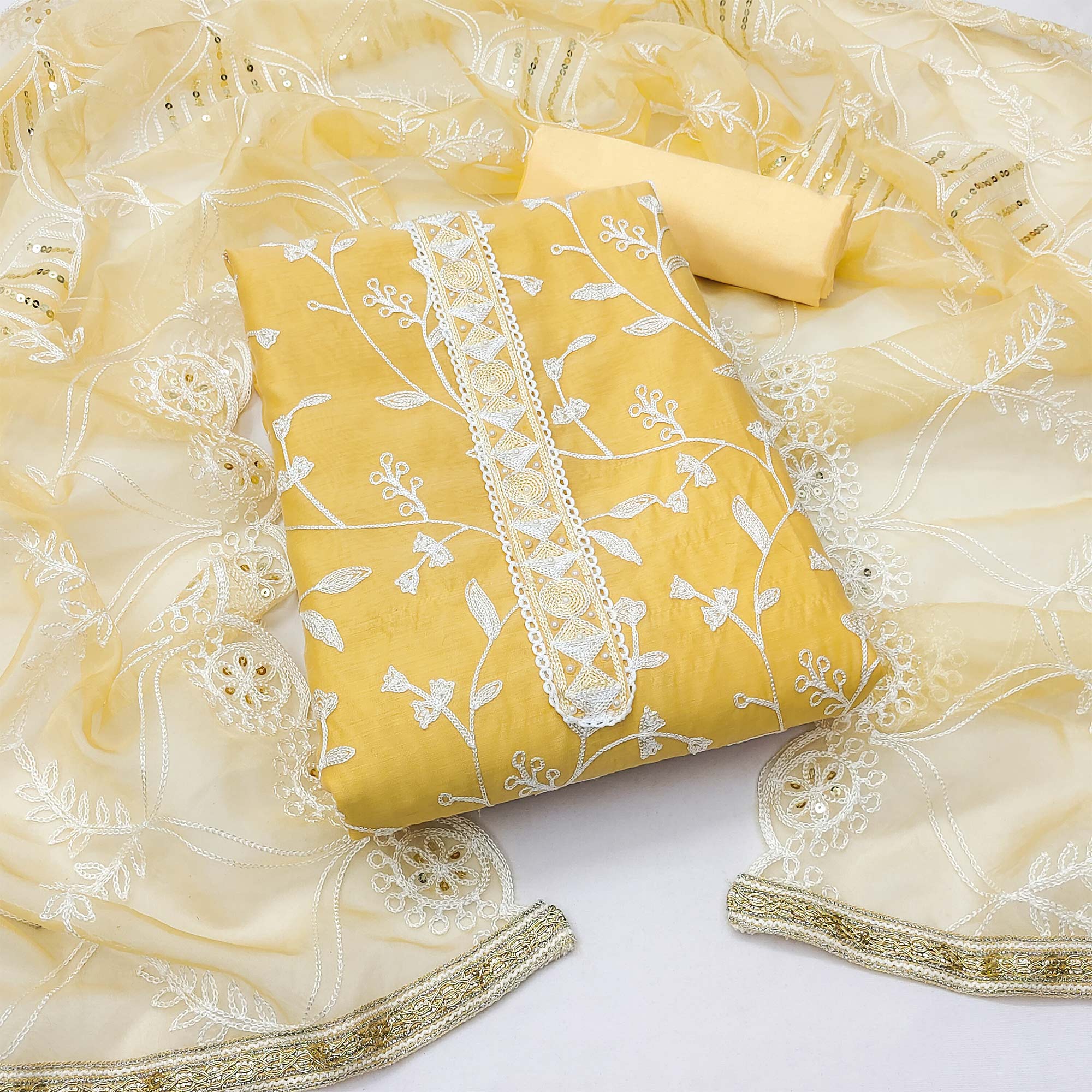 Yellow Floral Embroidered Modal Dress Material