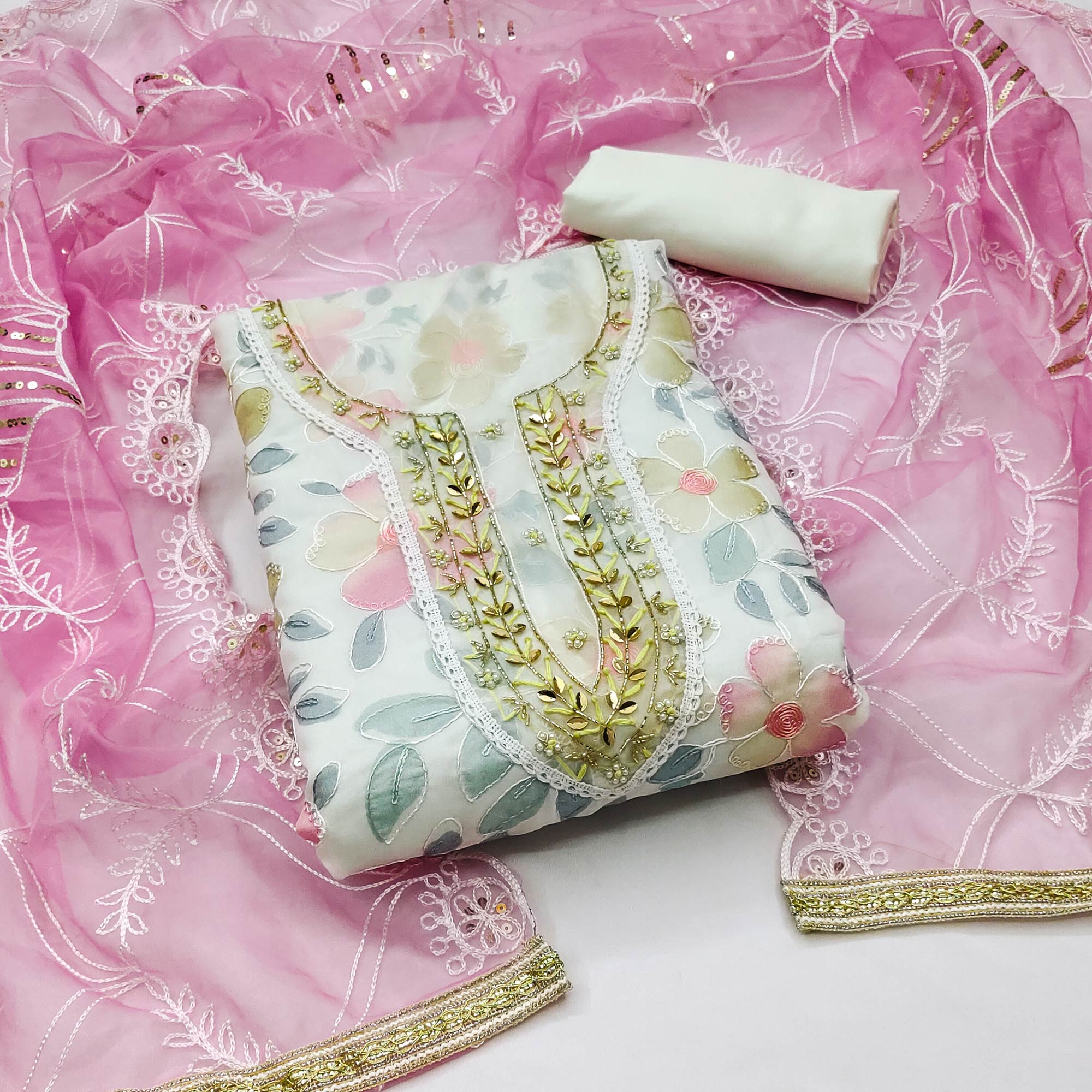 White Printed With Handwork Organza Dress Material