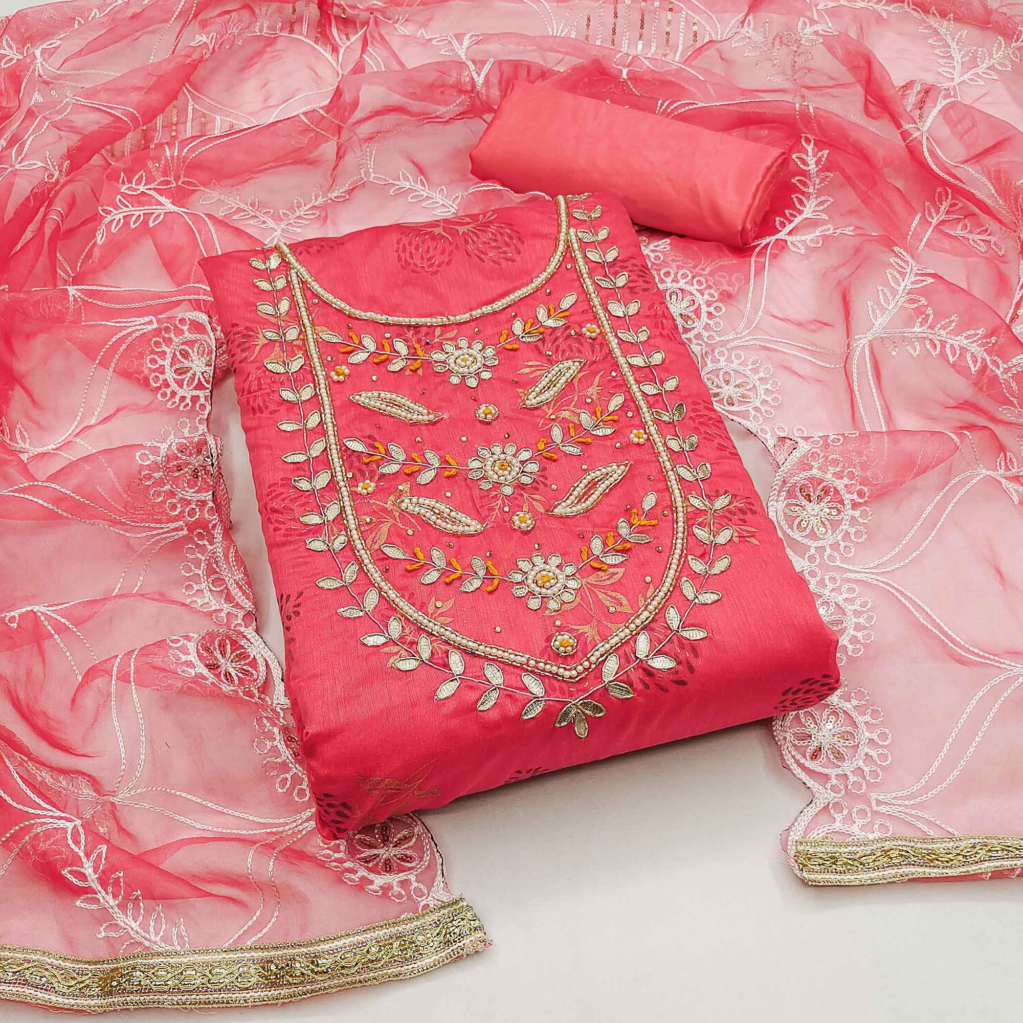 Pink Floral Printed Handwork Modal Dress Material