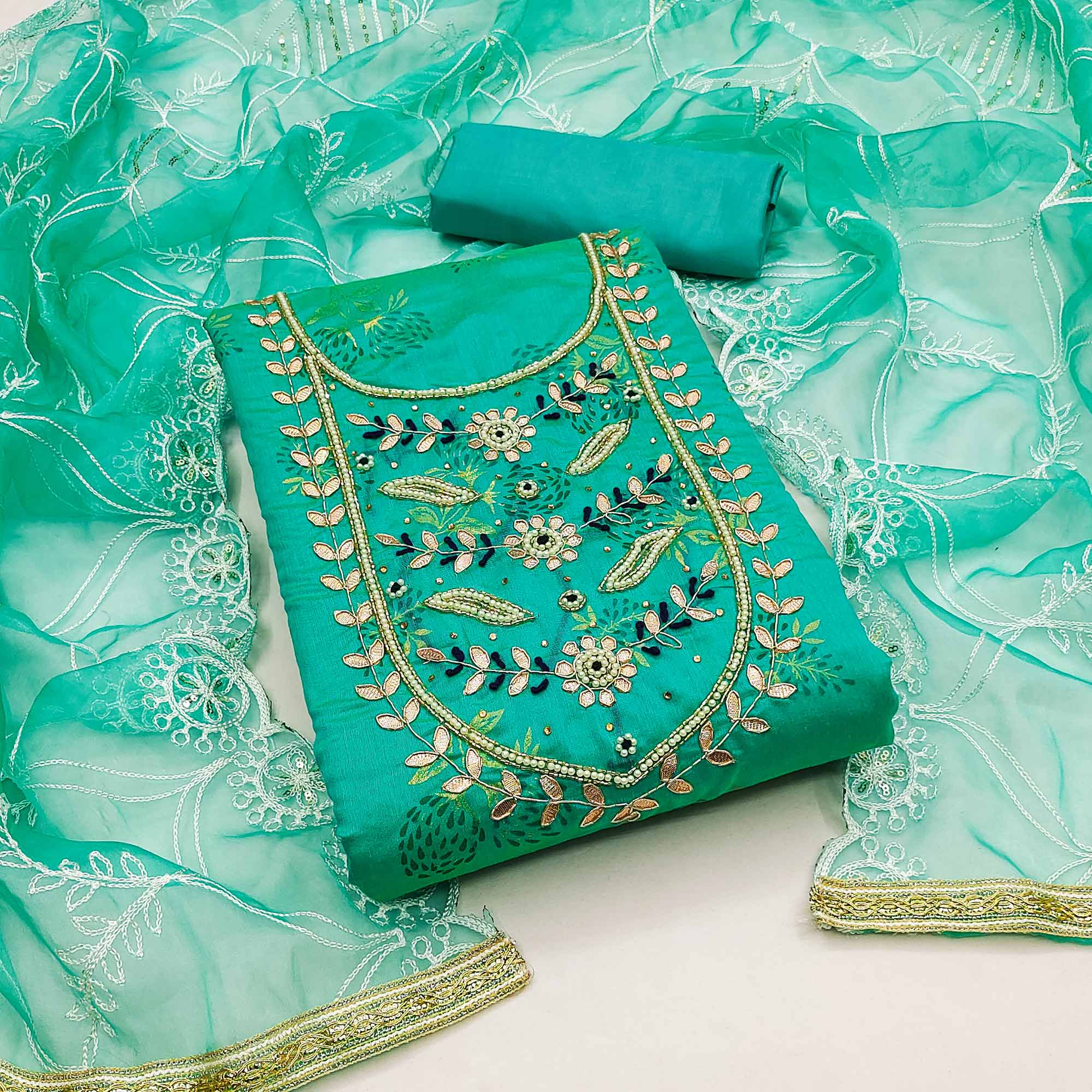 Rama Green Floral Printed Handwork Modal Dress Material