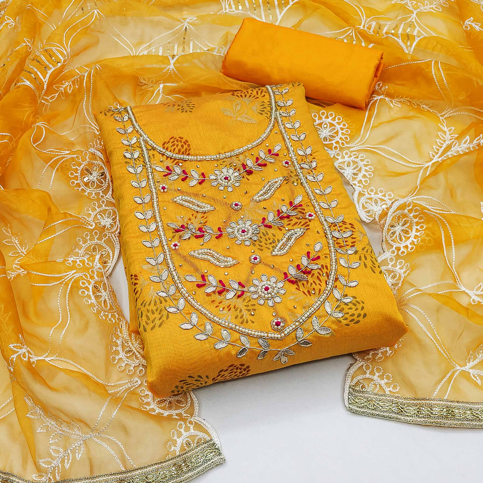 Yellow Floral Printed Handwork Modal Dress Material