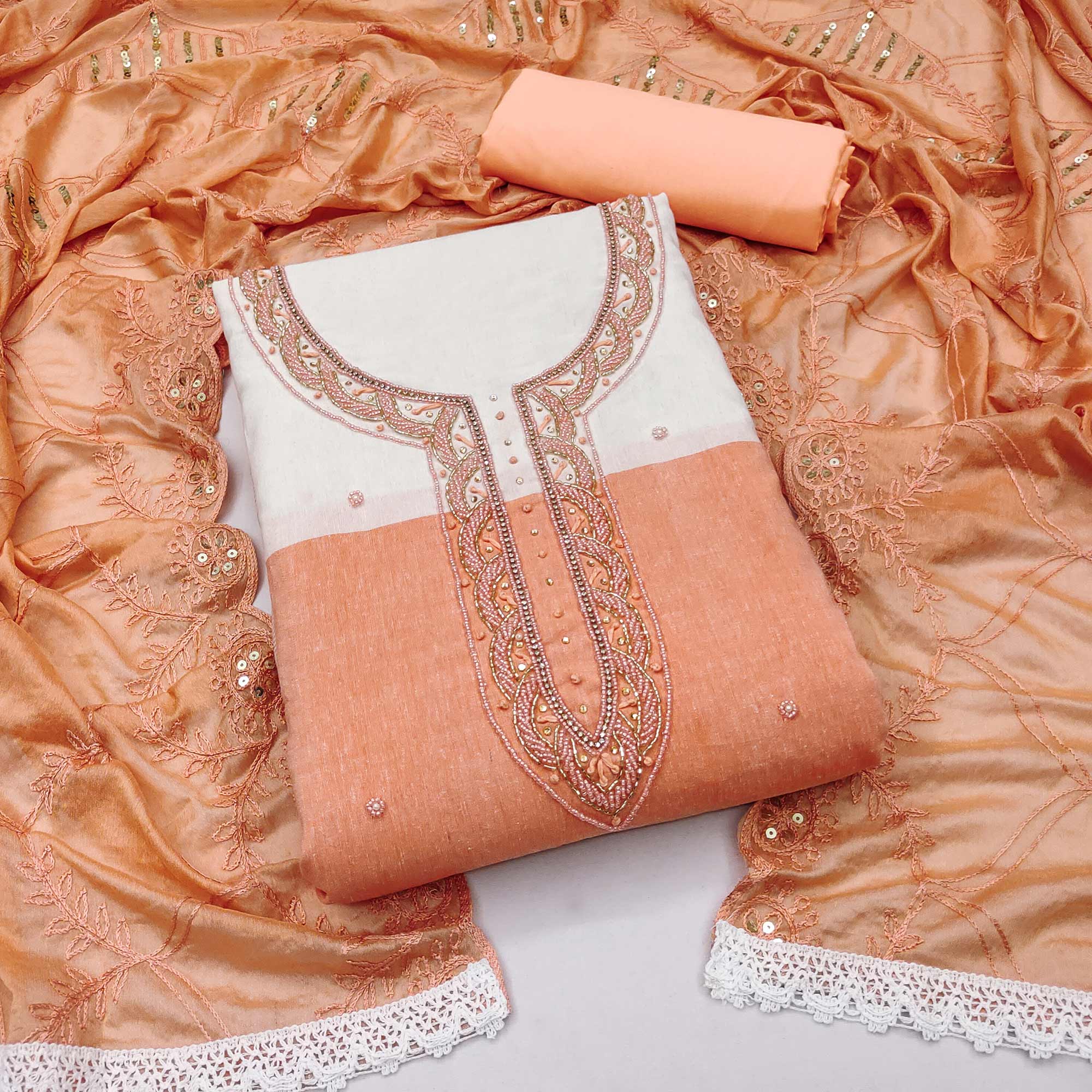 Orange Printed Handwork Pure Cotton Dress Material