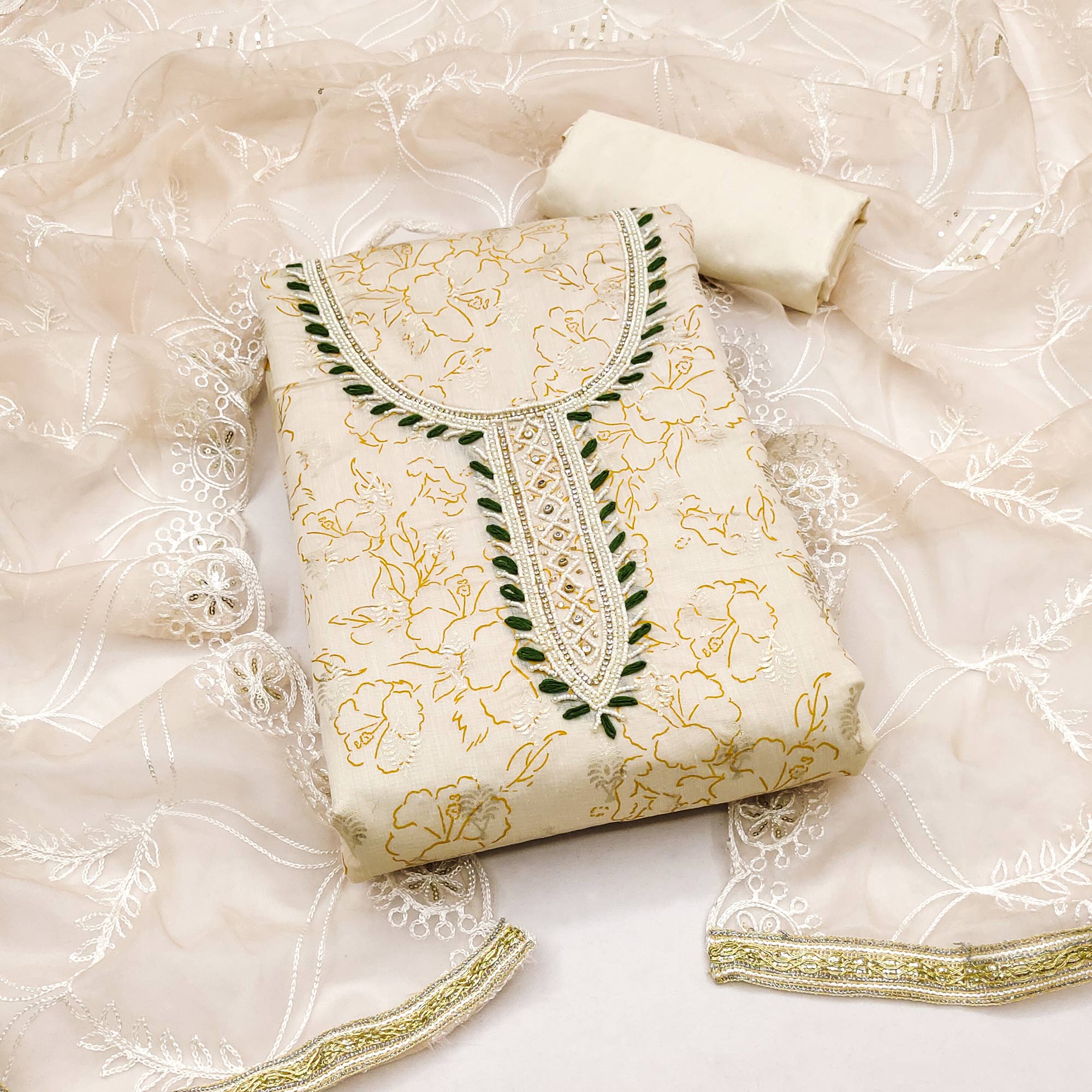 Cream Floral Printed Modal Dress Material