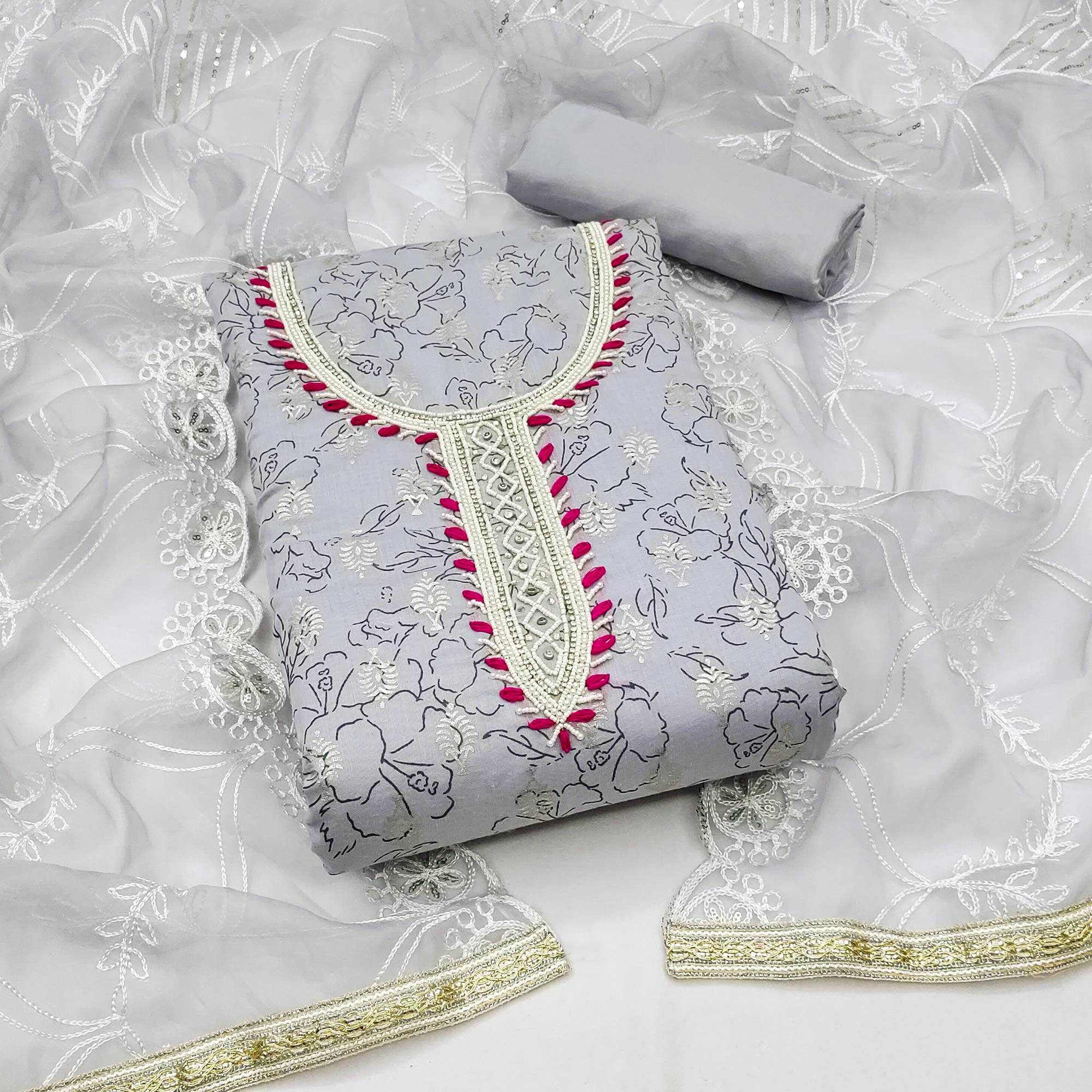Grey Floral Printed Modal Dress Material