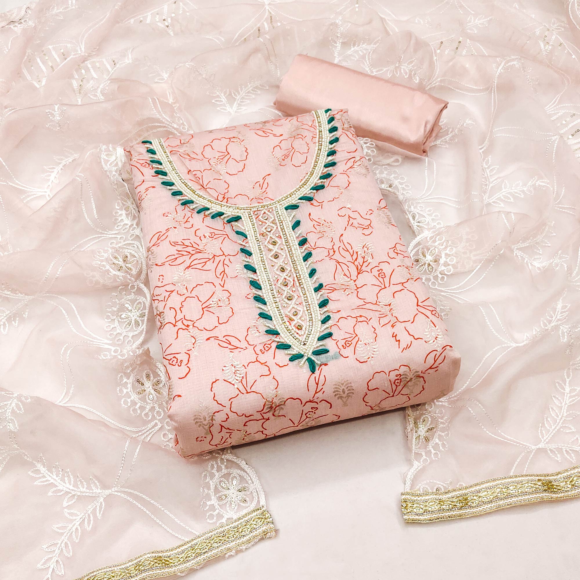 Peach Floral Printed Modal Dress Material