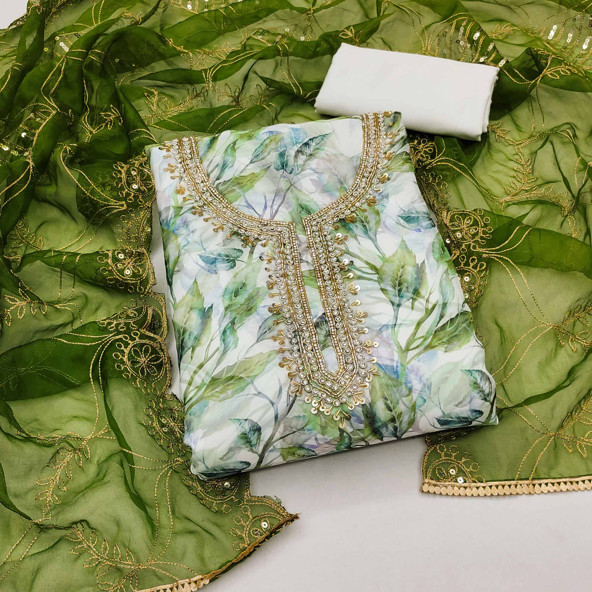 Cream & Green Digital Printed Organza Dress Material
