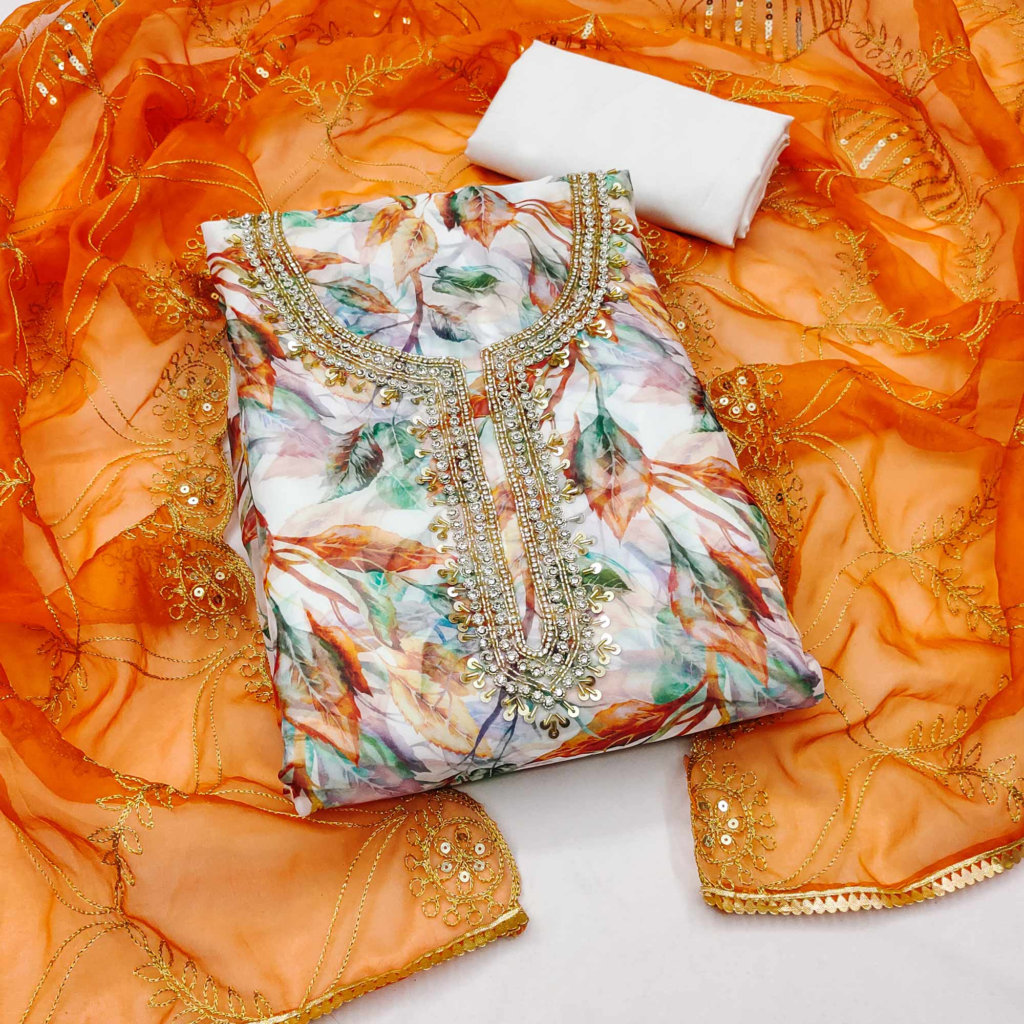 Cream & Orange Digital Printed Organza Dress Material