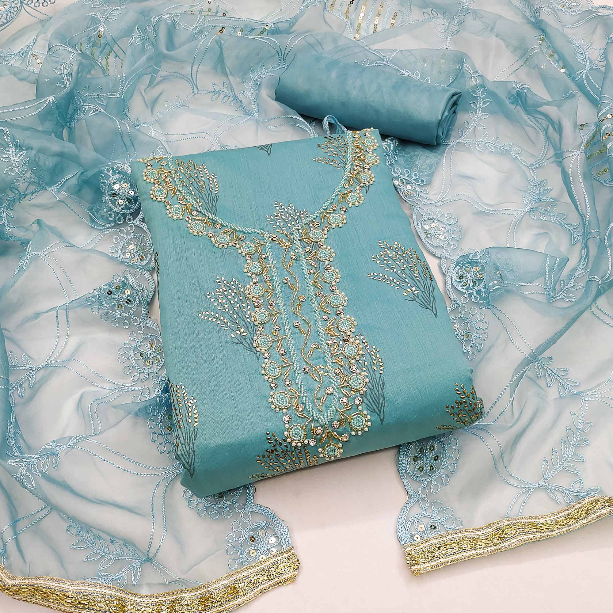 Blue Printed With Handwork Modal Dress Material