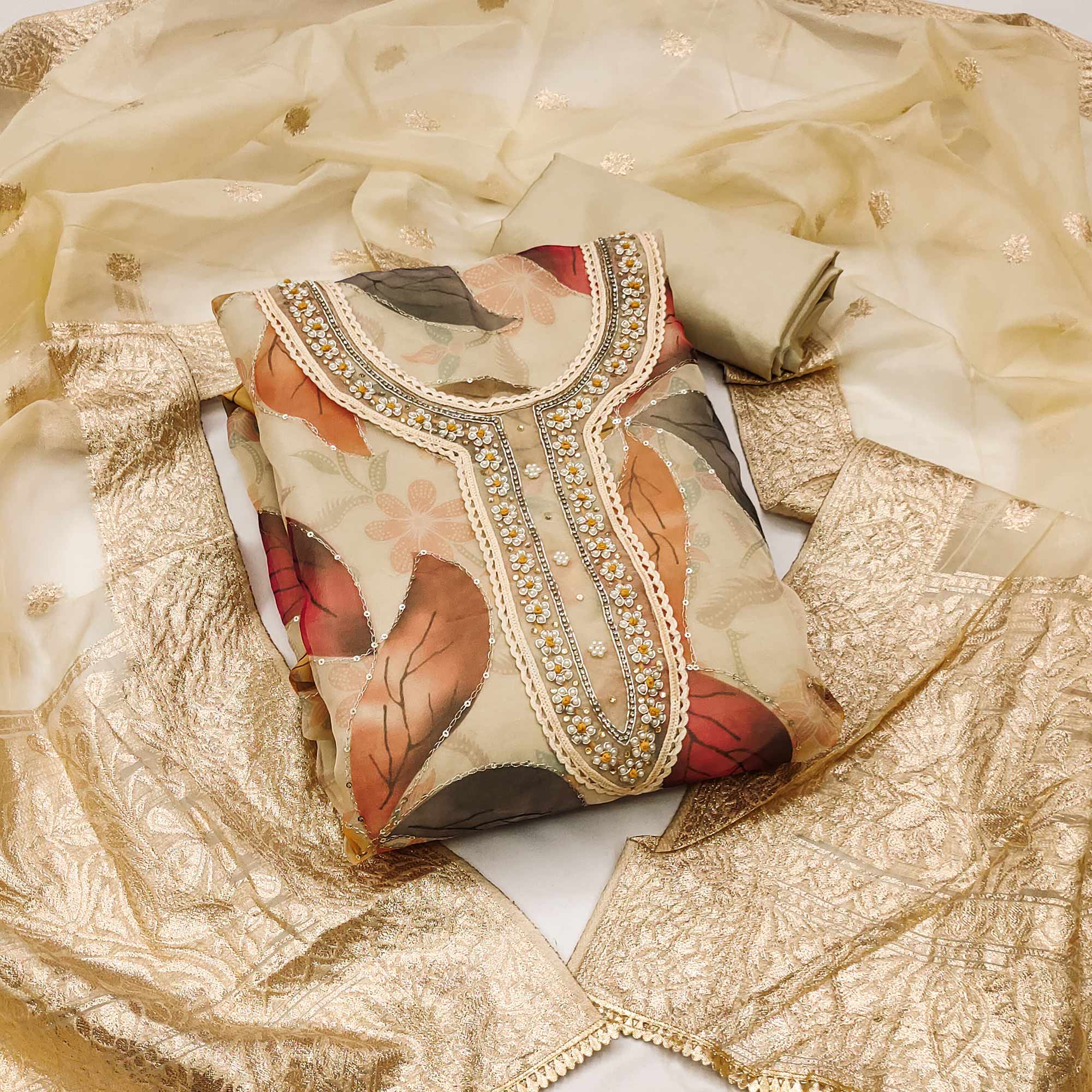 Chikoo Digital Printed With Handwork Organza Dress Material