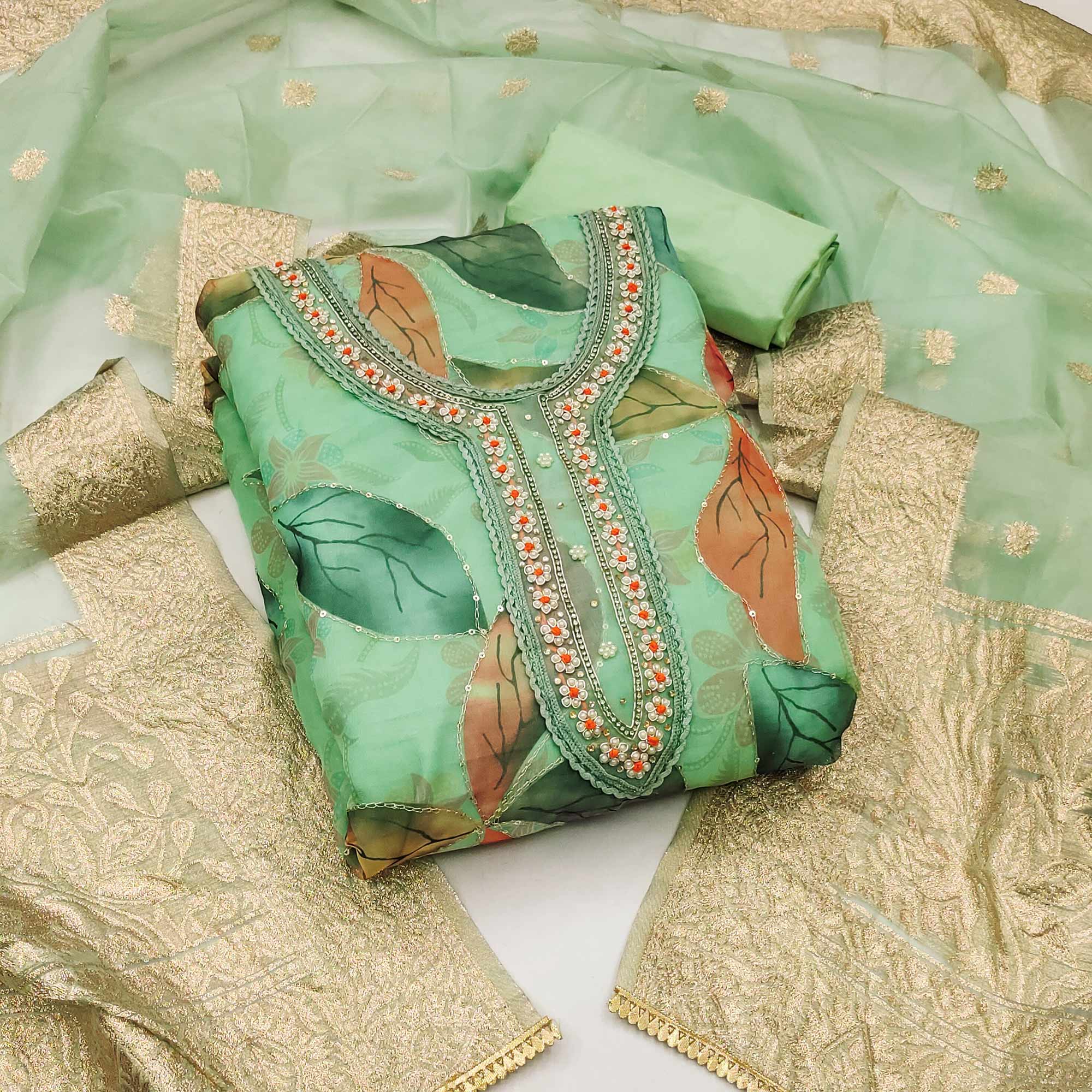 Green Digital Printed With Handwork Organza Dress Material