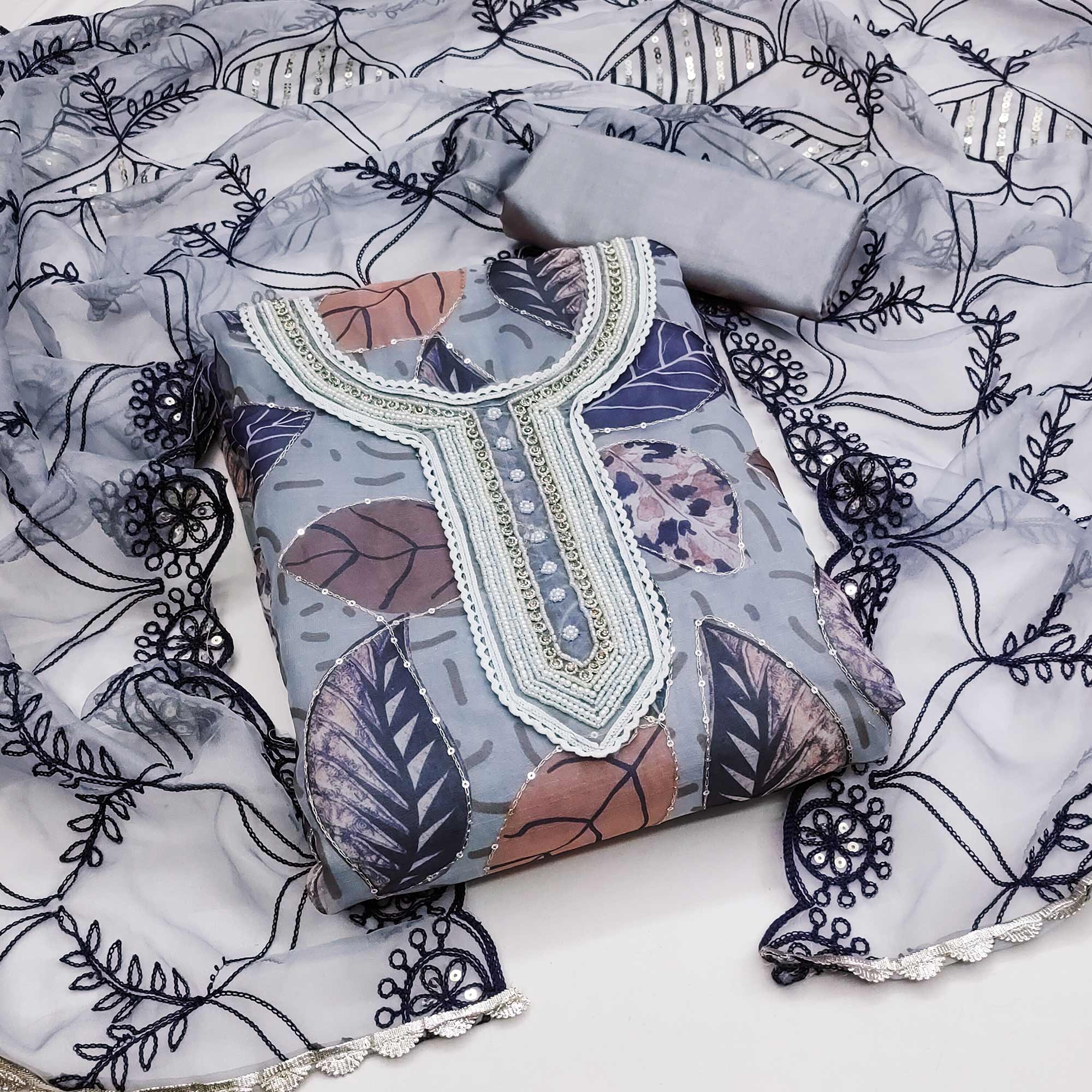 Grey Printed Organza Dress Material