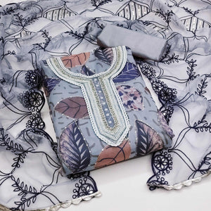 Grey Printed Organza Dress Material