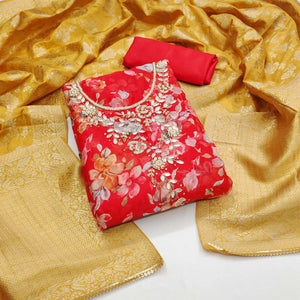 Red Floral Printed Organza Dress Material