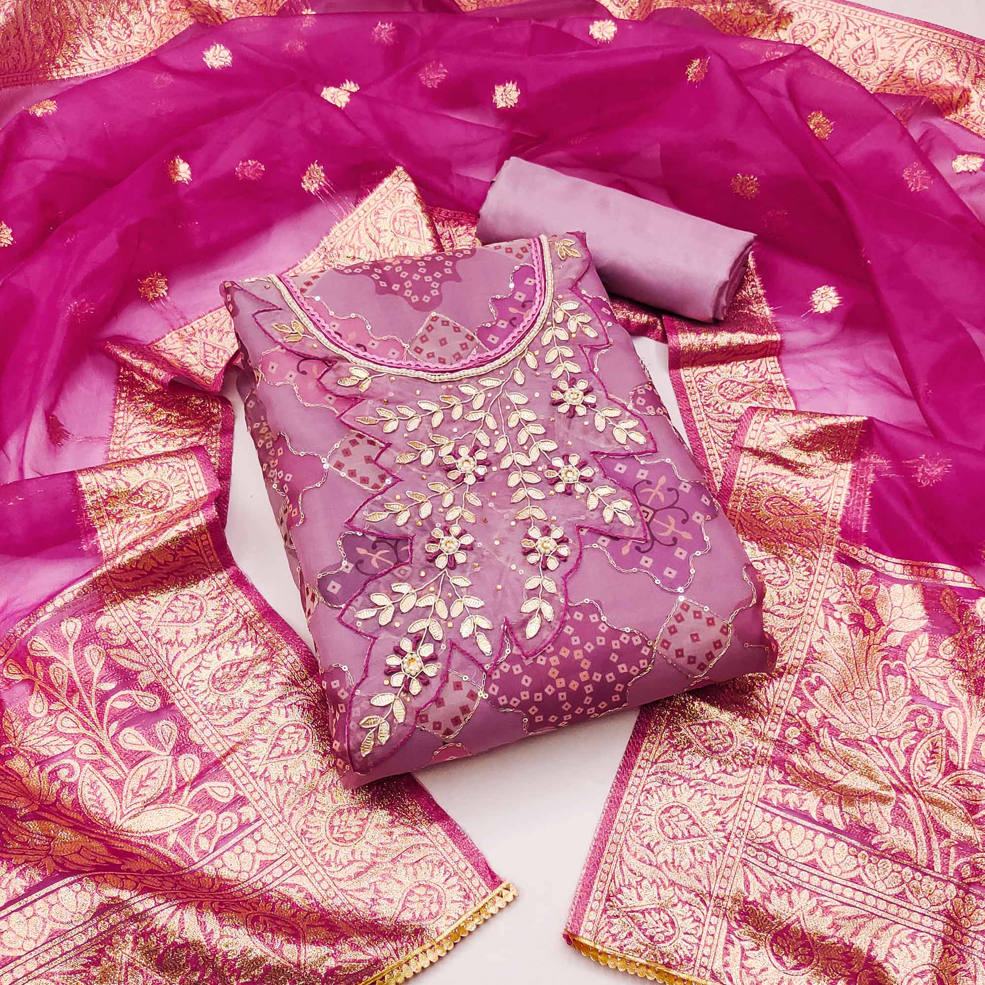 Mauve Printed Organza Dress Material