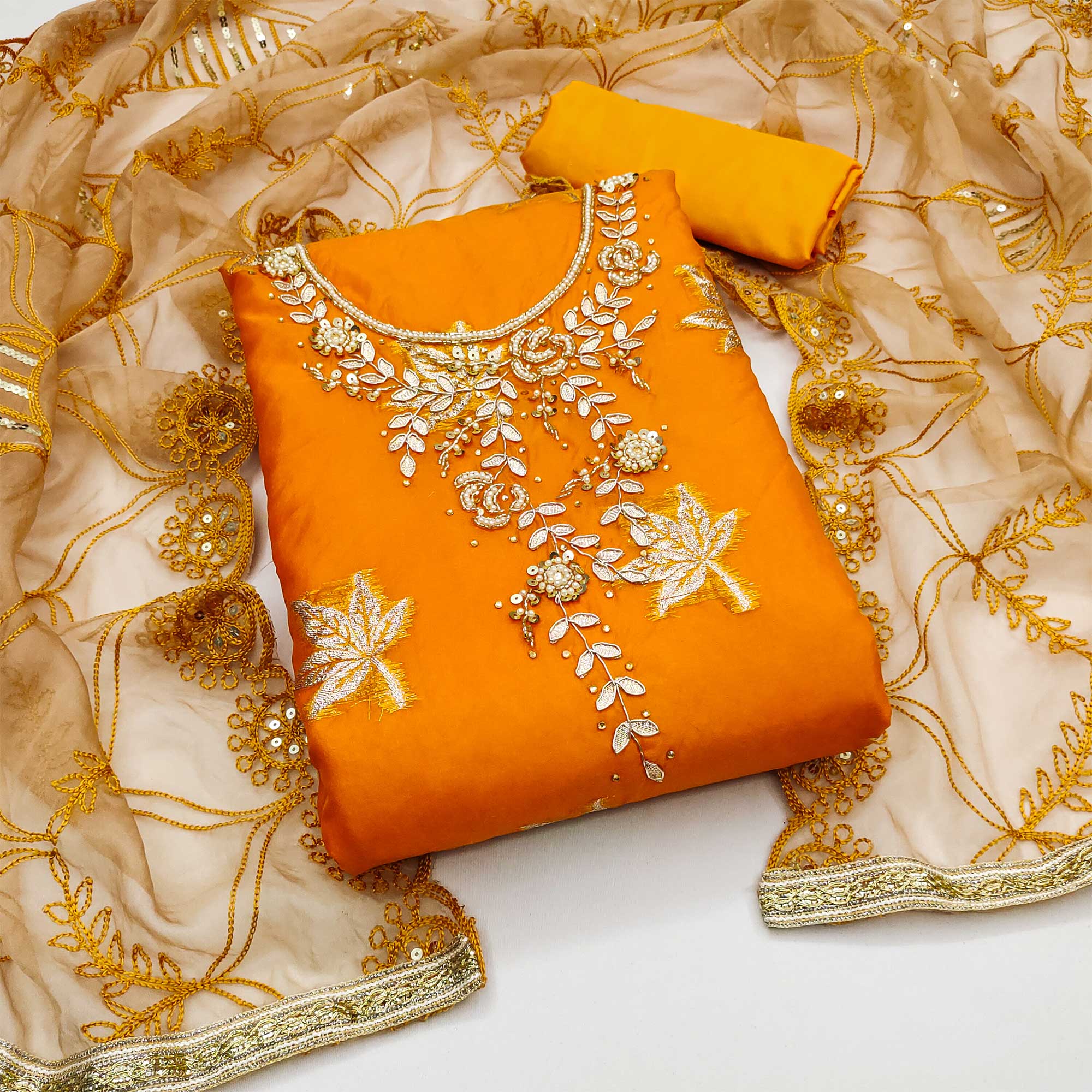 Orange Woven Organza Dress Material