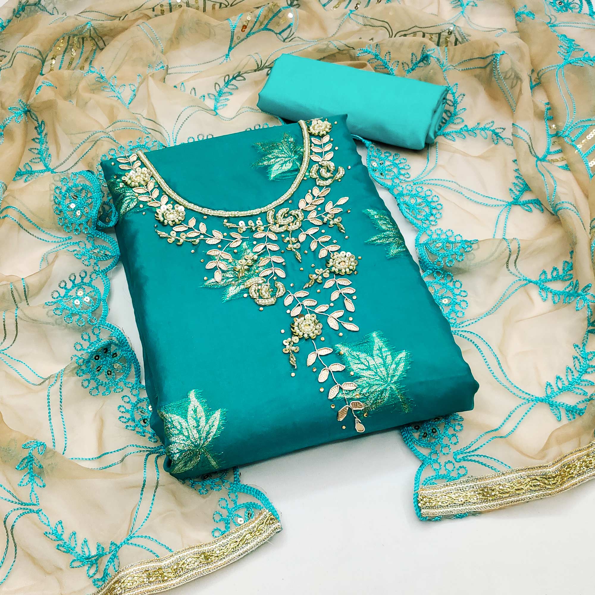 Turquoise Woven Organza Dress Material