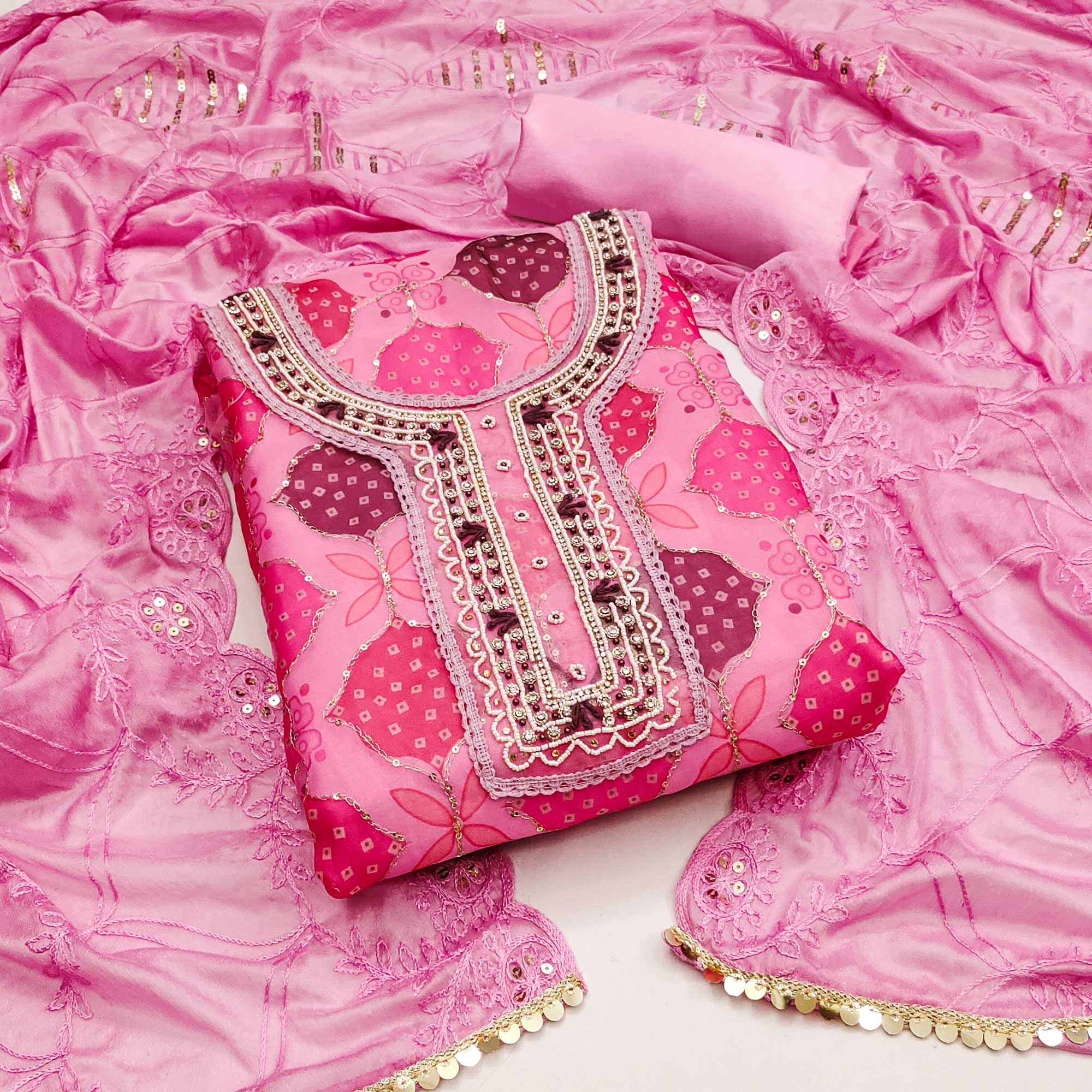 Pink Printed Organza Dress Material