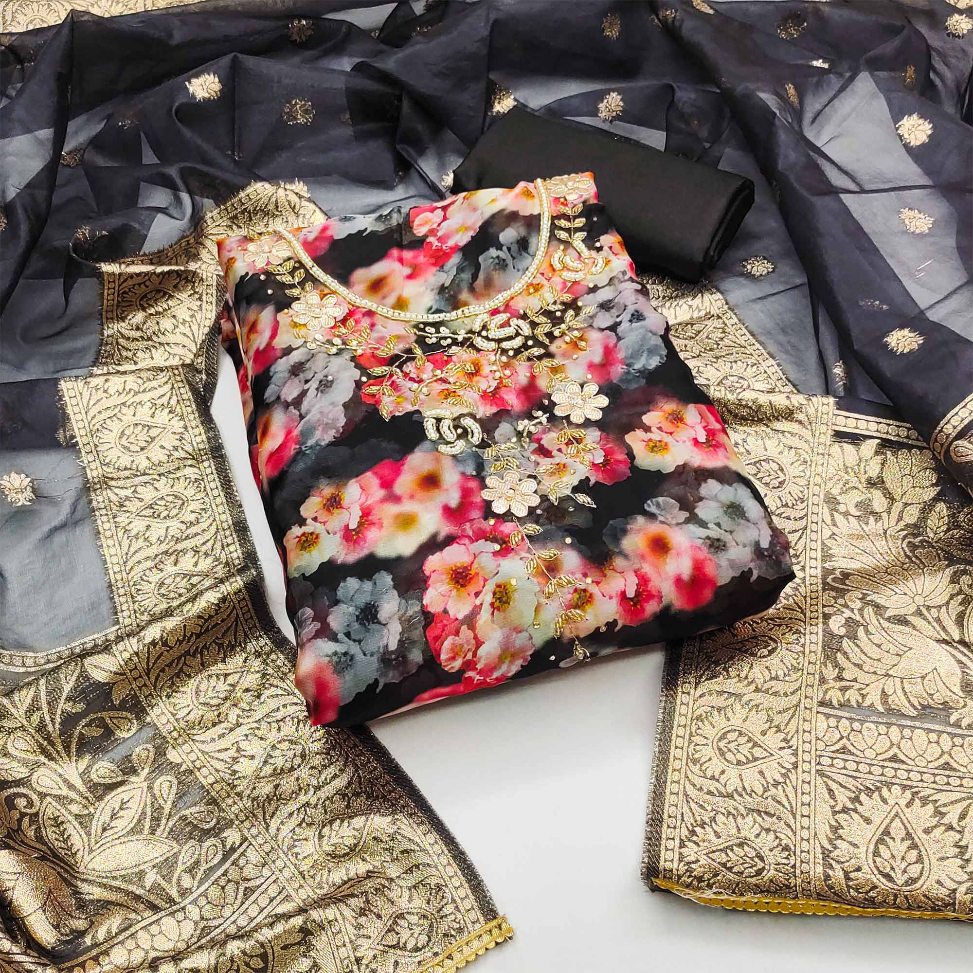 Black Floral Printed Organza Dress Material