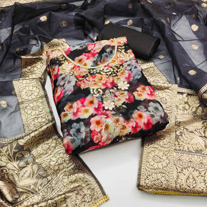 Black Floral Printed Organza Dress Material