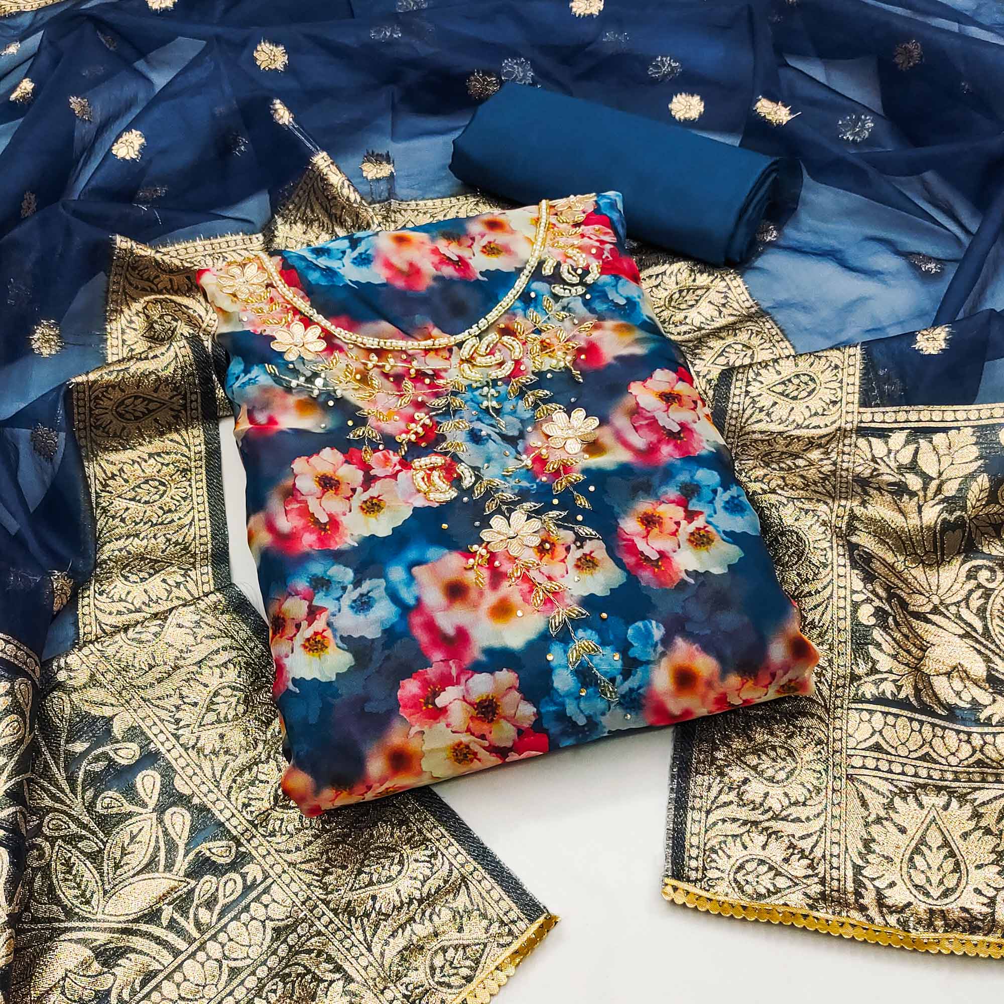 Blue Floral Printed Organza Dress Material