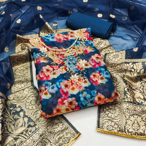 Blue Floral Printed Organza Dress Material