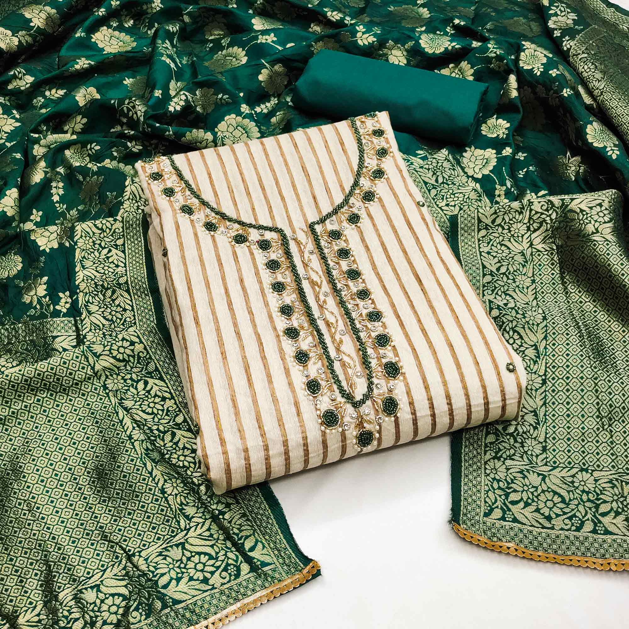 Beige & Green Woven Pure Cotton Dress Material