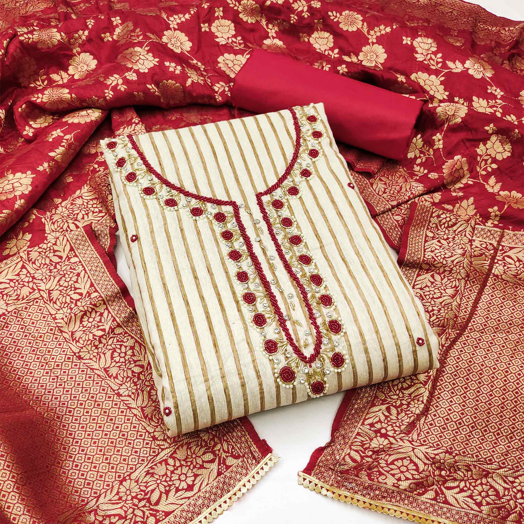 Beige & Red Woven Pure Cotton Dress Material