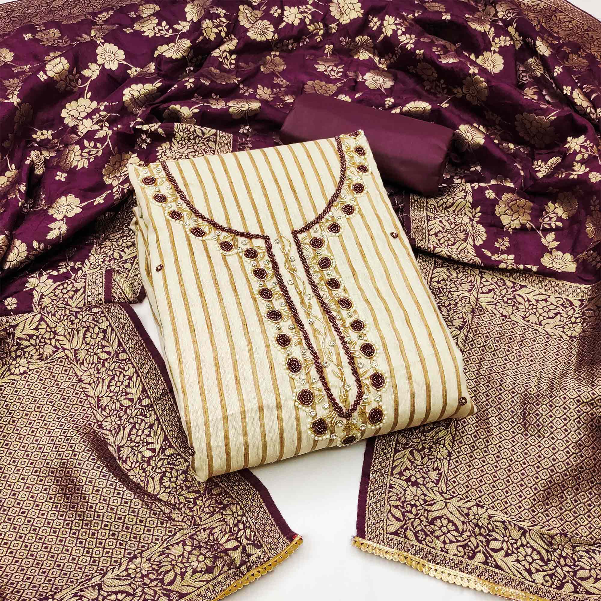 Beige & Wine Woven Pure Cotton Dress Material